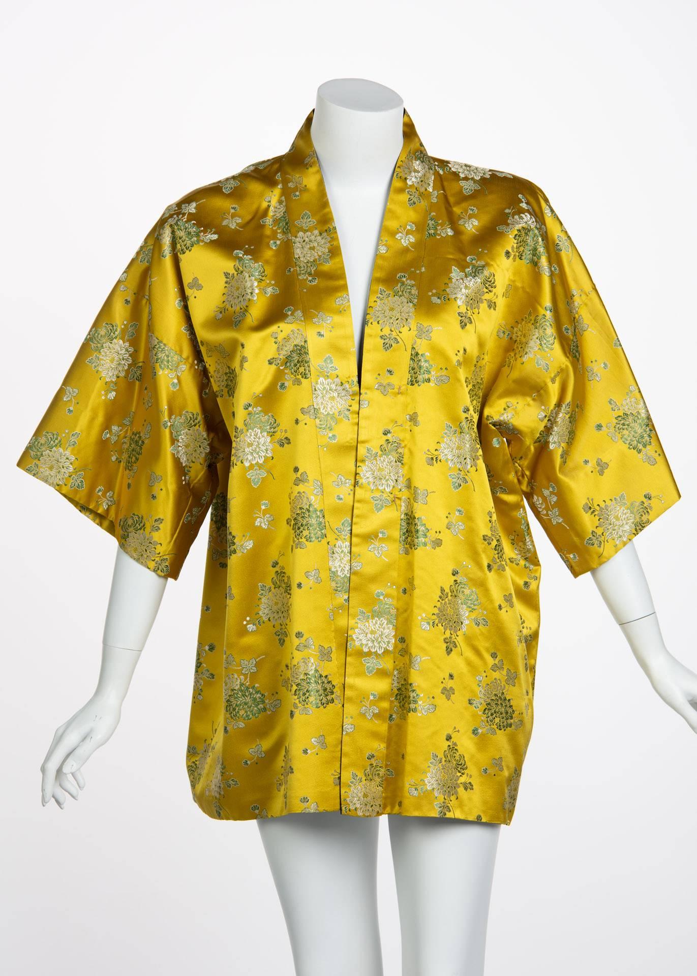 Orange 1960s Golden Yellow Silk Silver Floral Brocade Chinese Jacket