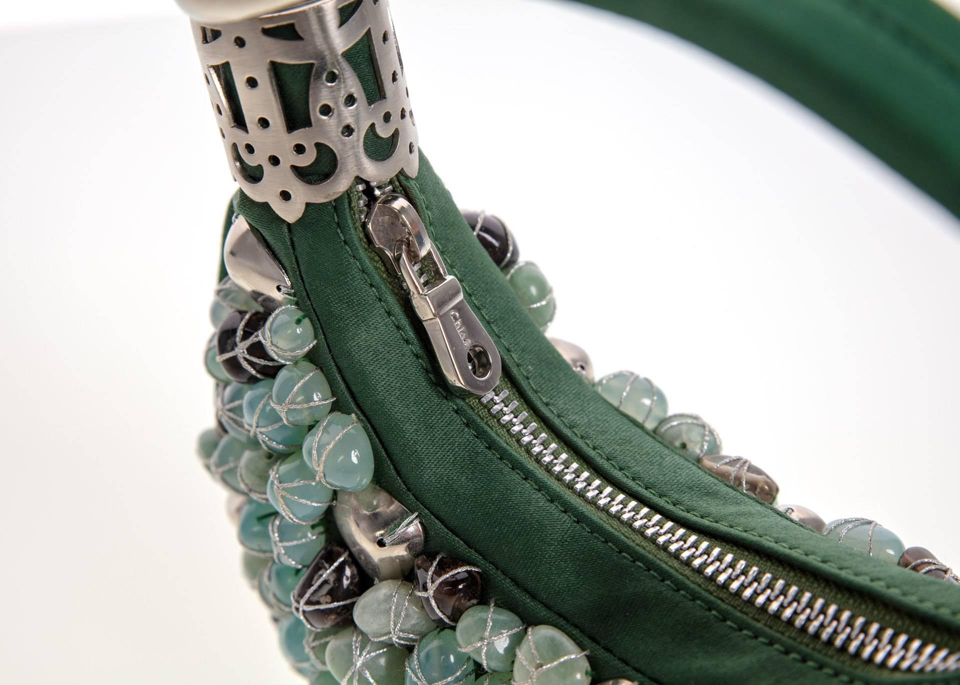 2000s Chloé Emerald Green Turquoise Silver Beaded Bracelet Bag In Excellent Condition In Boca Raton, FL
