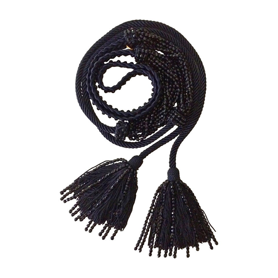 Yves Saint Laurent YSL Black Beaded Rope and Tassel Necklace Belt, 1990s  In Good Condition For Sale In Boca Raton, FL