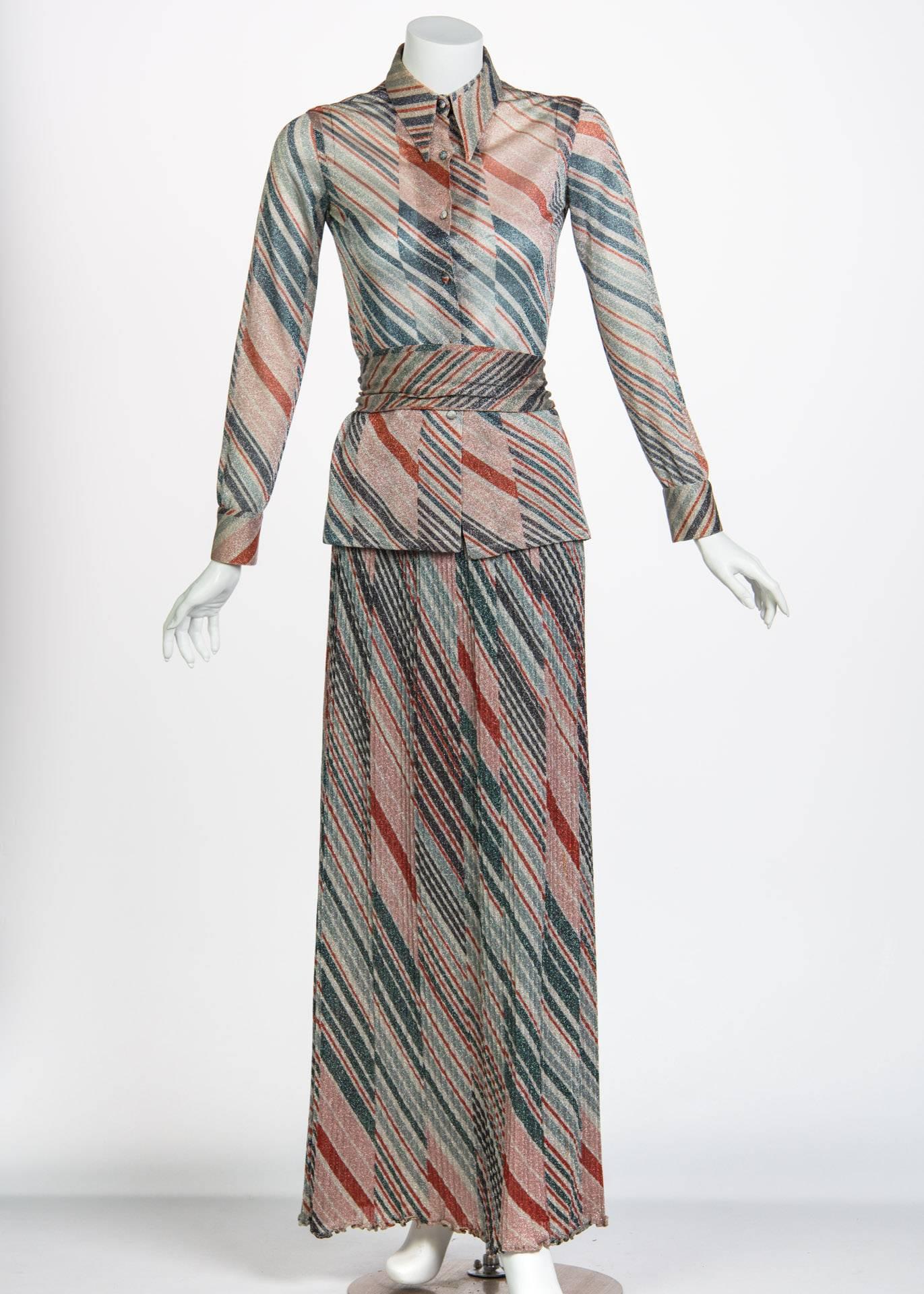 Gray 1970s Missoni Diagonal Stripe Lurex Illusion Maxi Skirt and Blouse Set