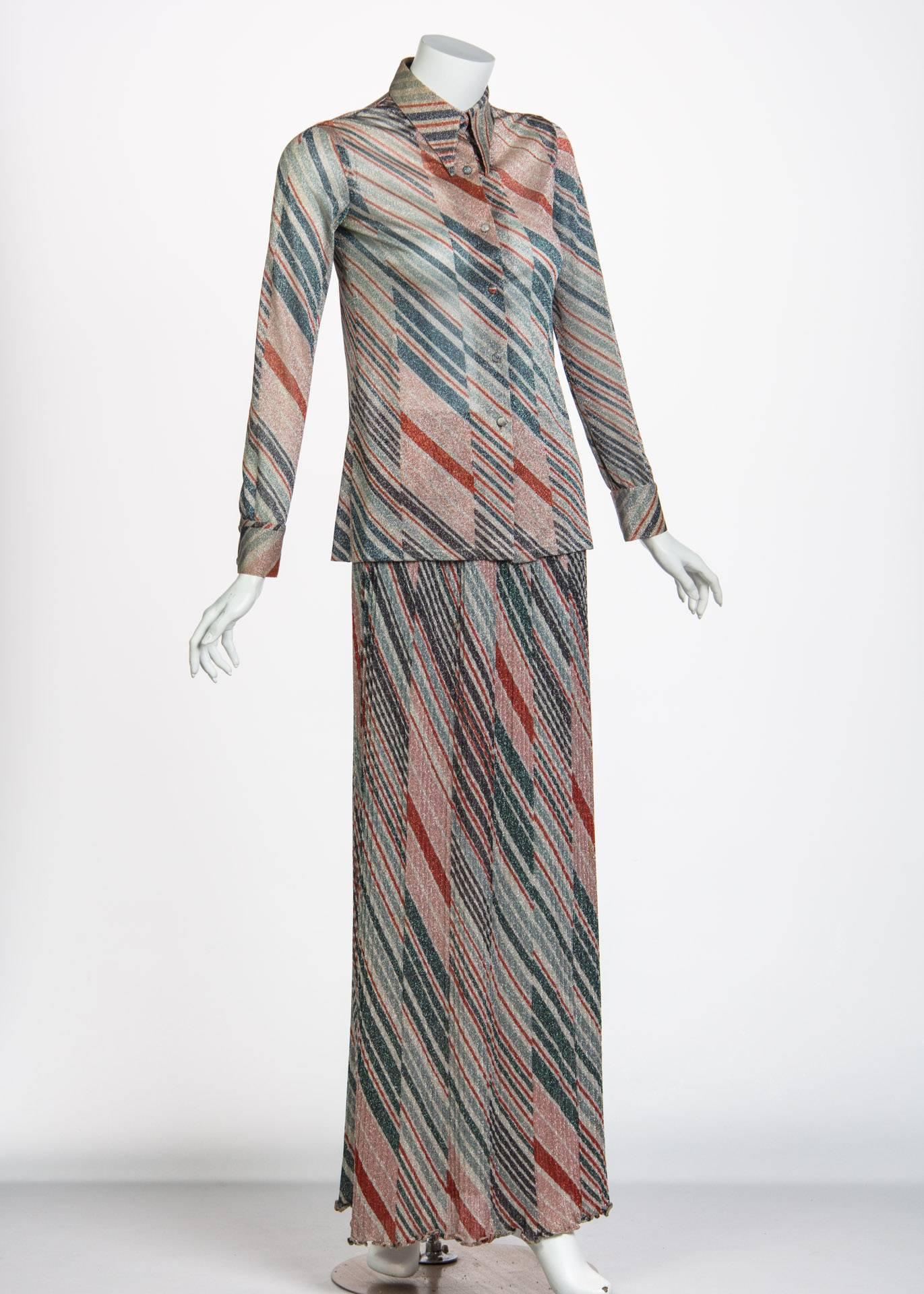 1970s Missoni Diagonal Stripe Lurex Illusion Maxi Skirt and Blouse Set 1