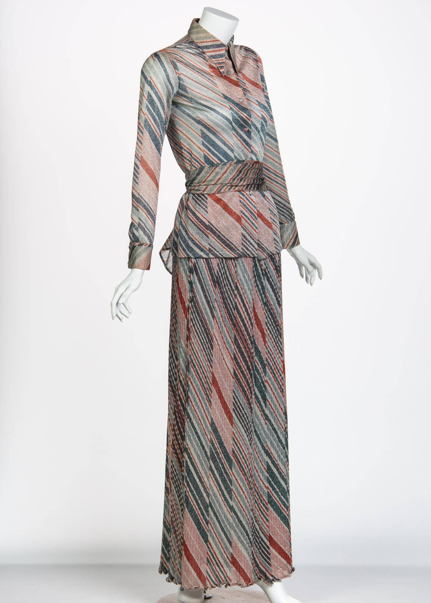 Women's 1970s Missoni Diagonal Stripe Lurex Illusion Maxi Skirt and Blouse Set