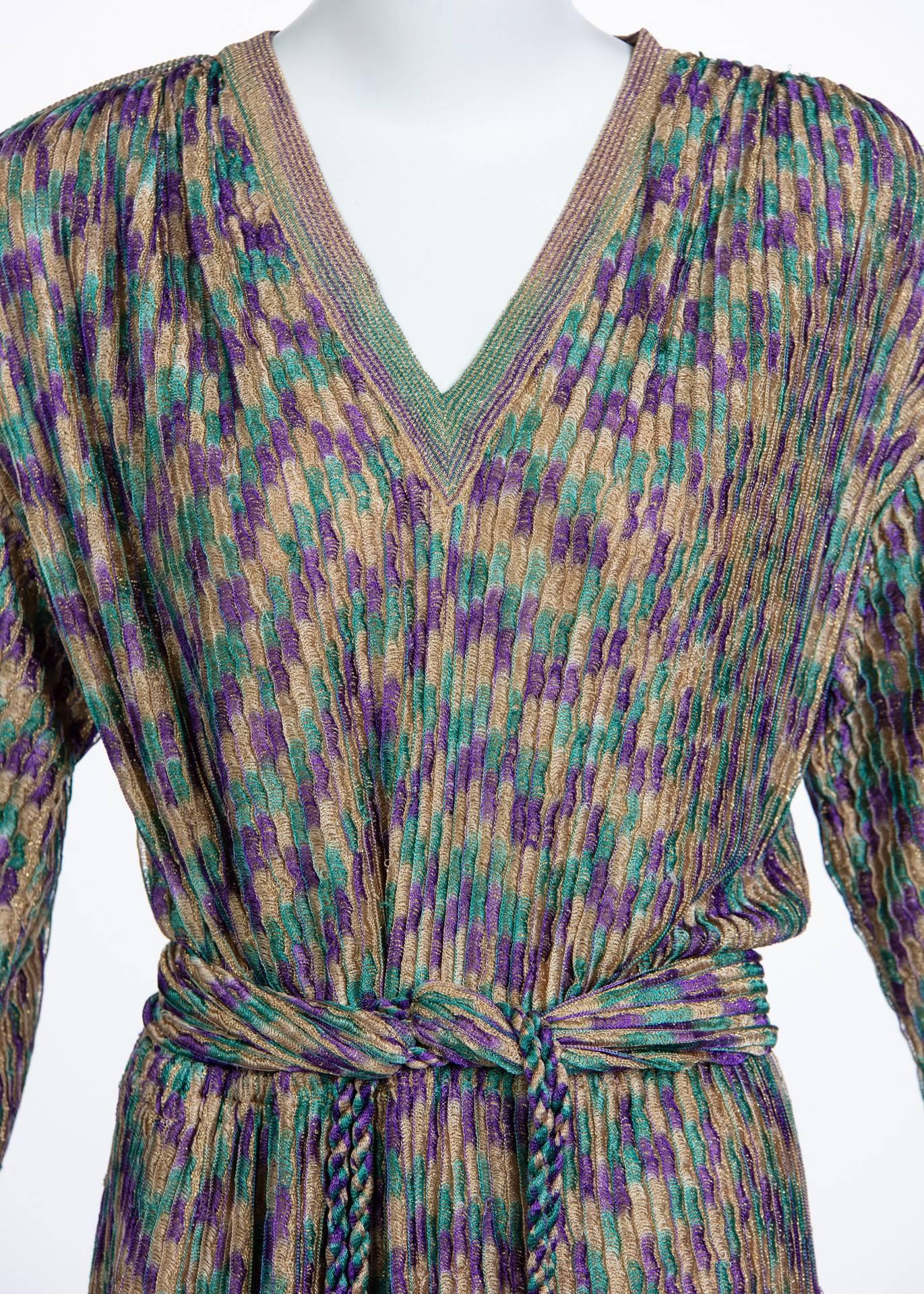 Missoni Multicolored Jewel Tone Metallic Knit Belted Dress, 1970s  For Sale 1