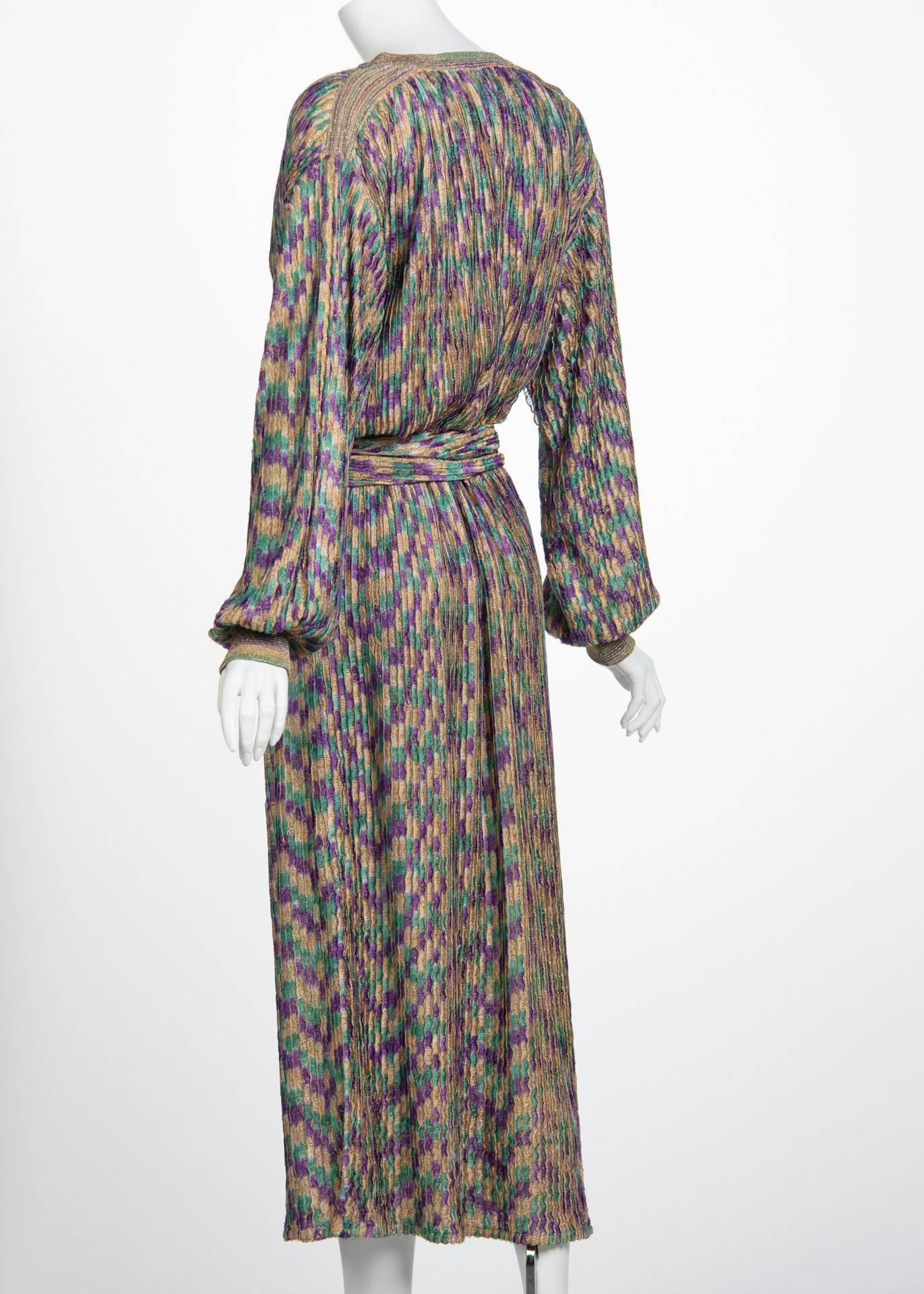 Gray Missoni Multicolored Jewel Tone Metallic Knit Belted Dress, 1970s  For Sale