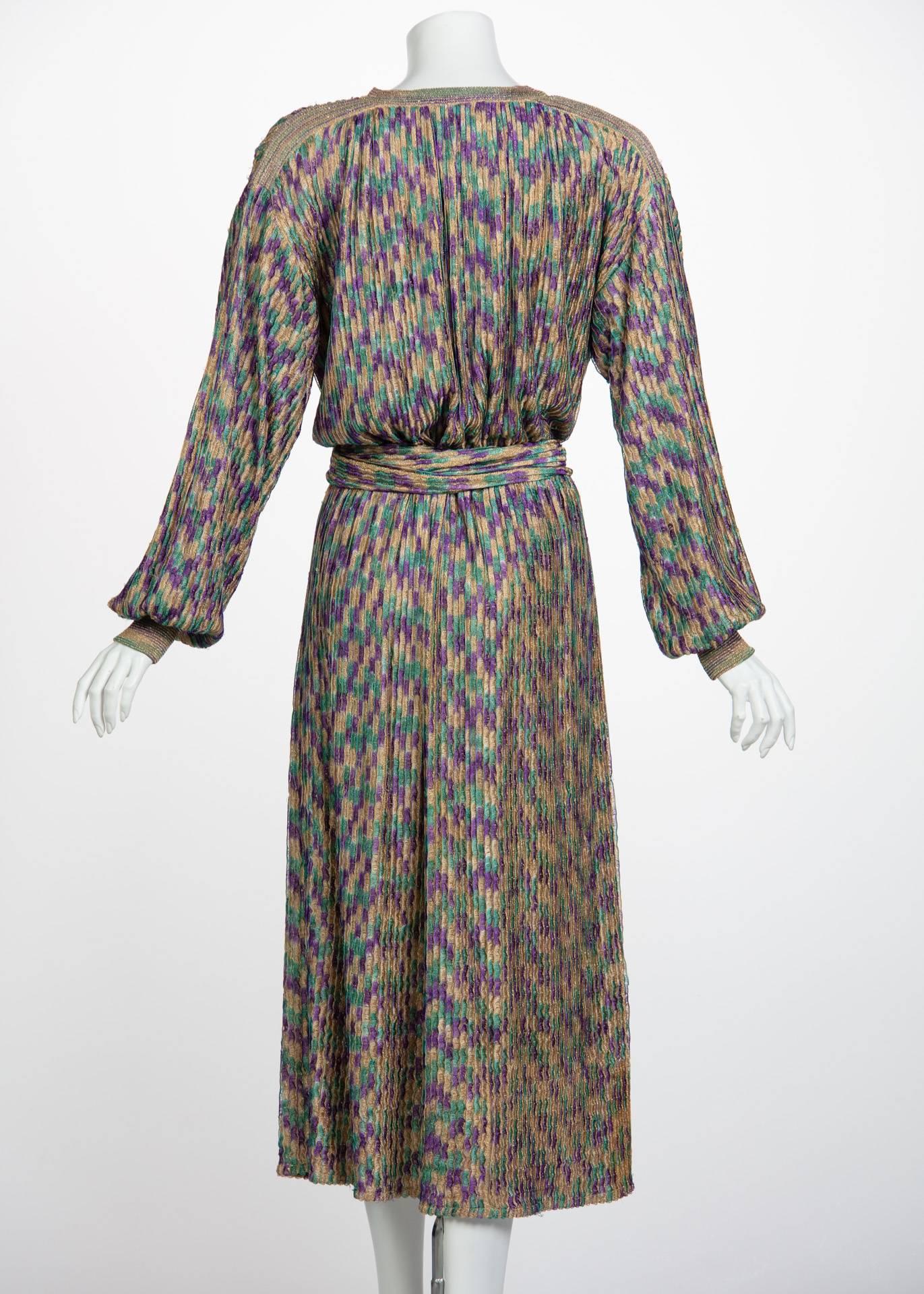 Missoni Multicolored Jewel Tone Metallic Knit Belted Dress, 1970s  In Excellent Condition For Sale In Boca Raton, FL