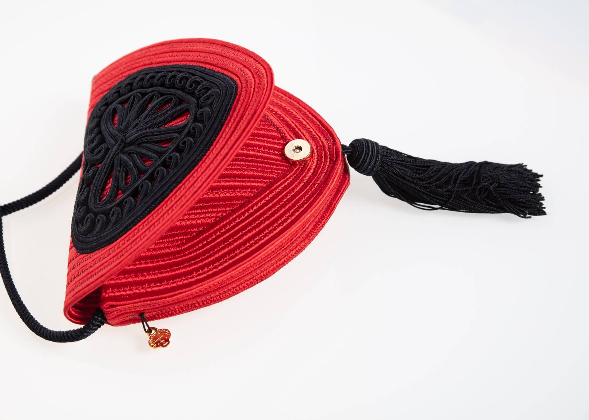 Yves Saint Laurent Red Heart Black Passementerie Tassel Bag, 1980s  In Excellent Condition For Sale In Boca Raton, FL