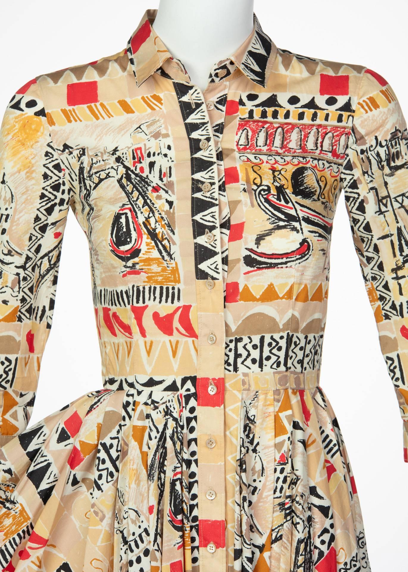 Beige Prada Runway Postcard Print Cotton Dress, Spring 2004