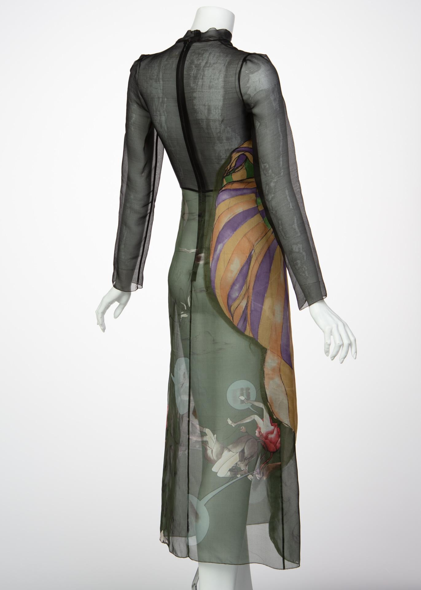 Prada James Jean Fairy Runway Black Printed Silk Dress, 2008  In Excellent Condition In Boca Raton, FL