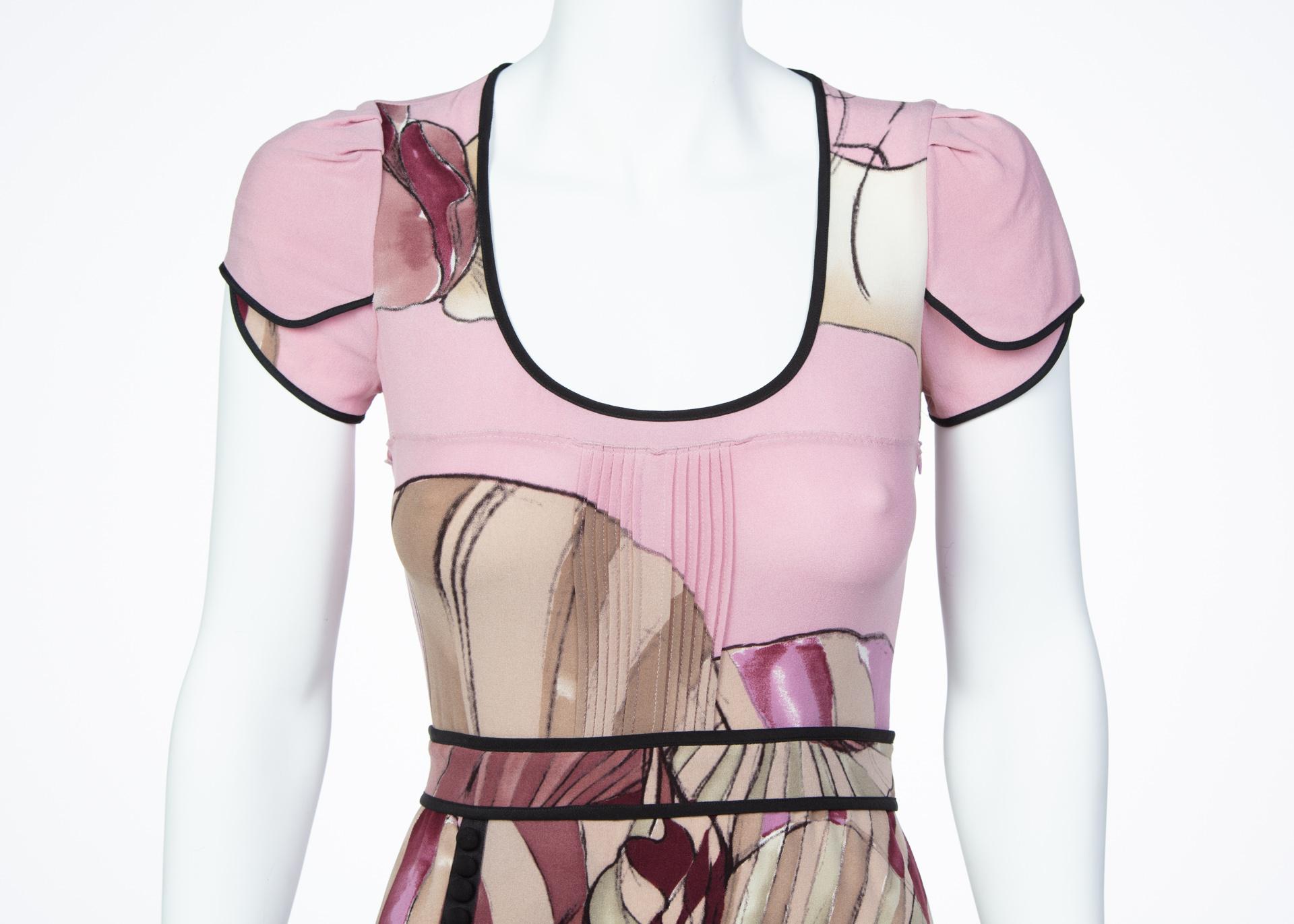 Brown 2008 Prada James Jean Fairy Collection Pink Print Silk Dress For Sale