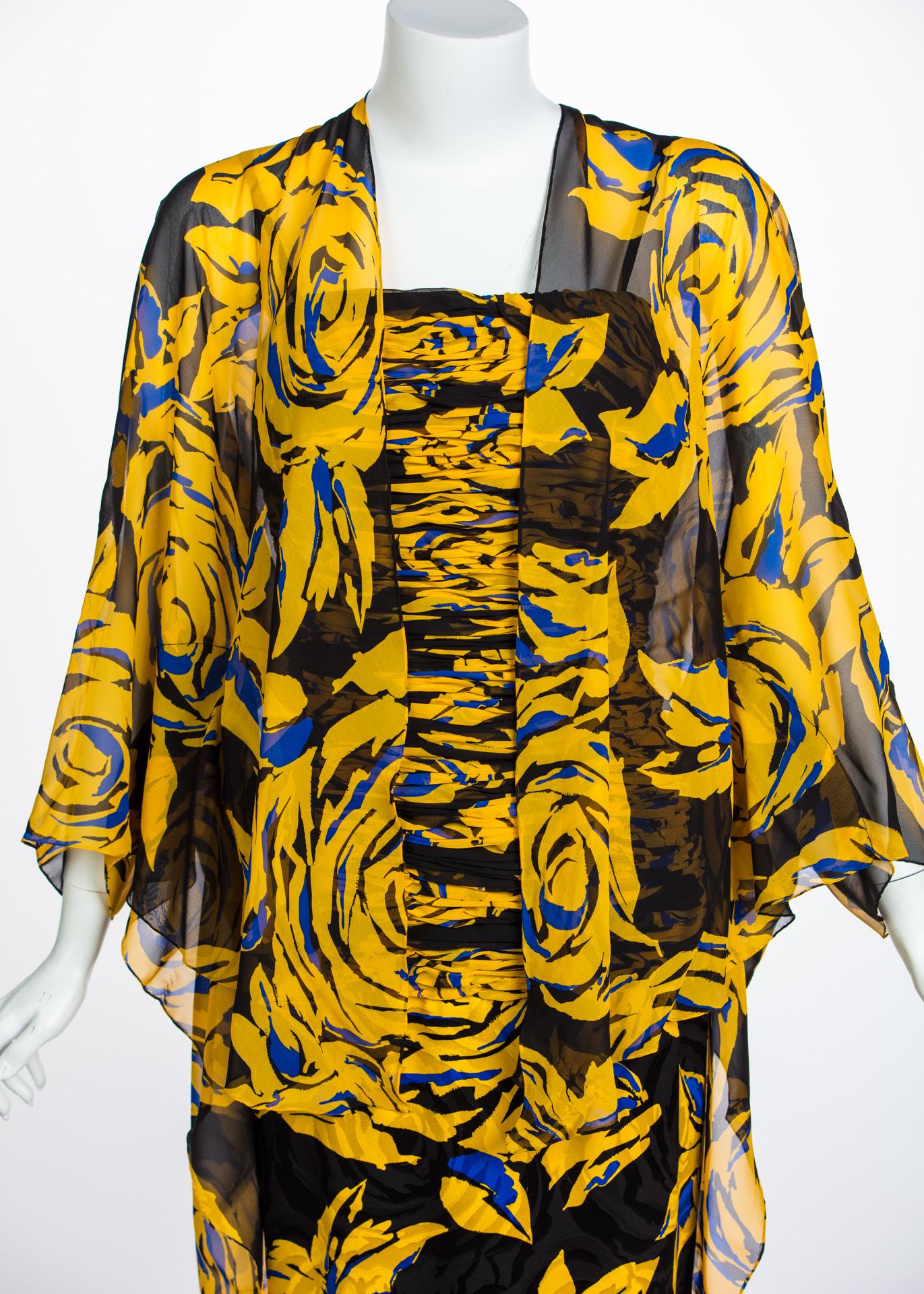 Valentino Yellow Floral Print Draped Black Silk Fishtail Gown Shawl 1970s 2