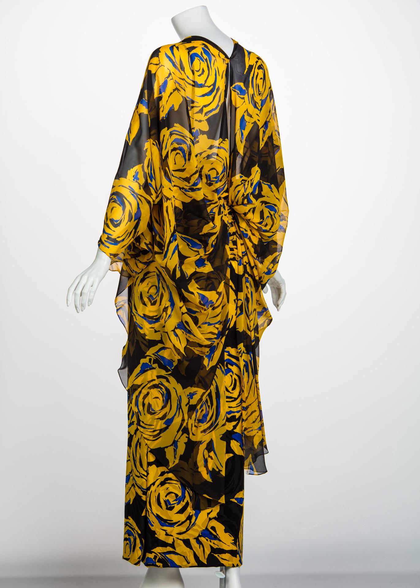 Women's Valentino Yellow Floral Print Draped Black Silk Fishtail Gown Shawl 1970s