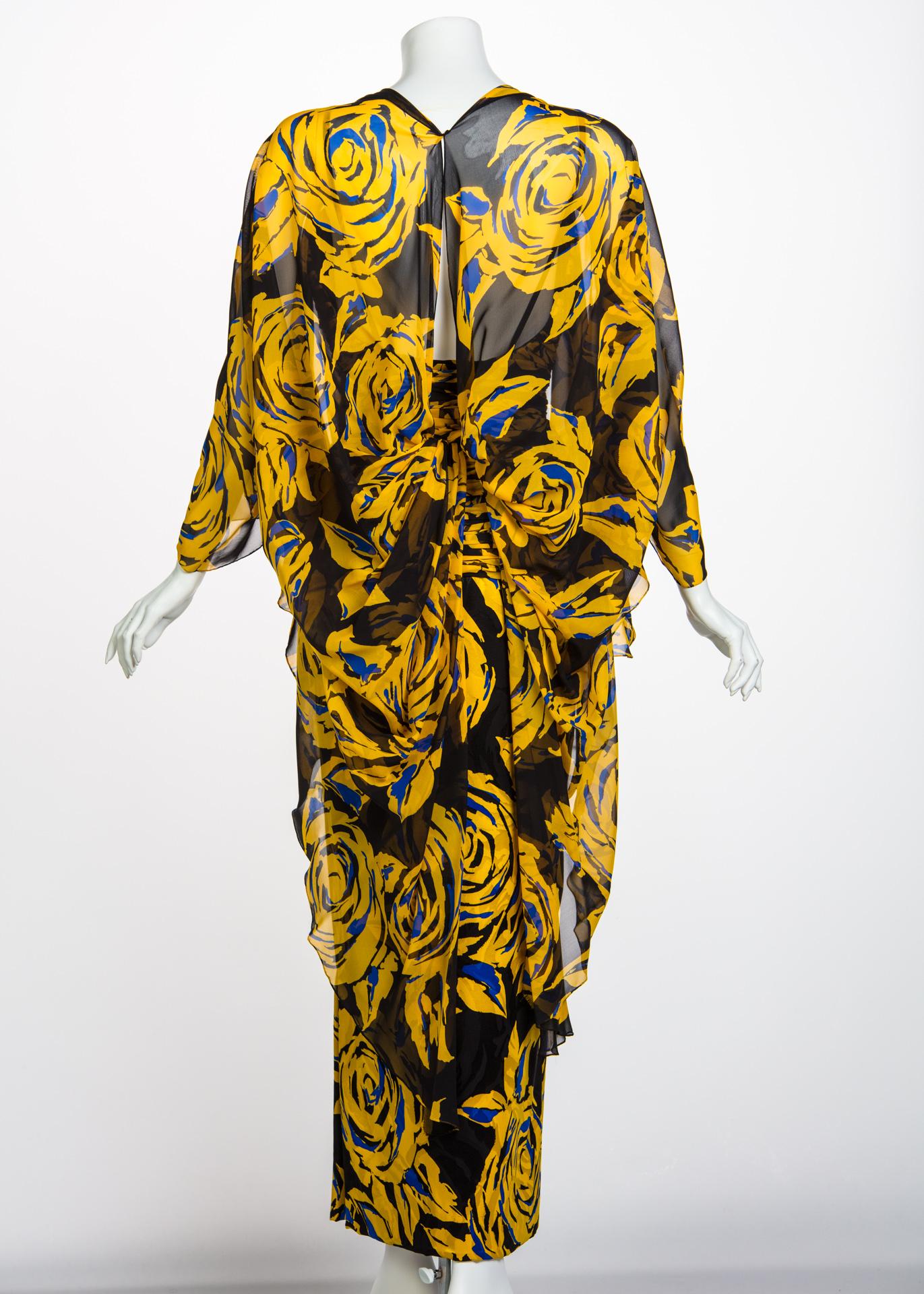 Valentino Yellow Floral Print Draped Black Silk Fishtail Gown Shawl 1970s 1