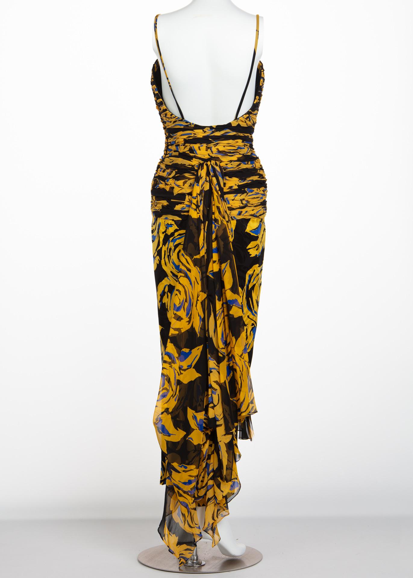 Beige Valentino Yellow Floral Print Draped Black Silk Fishtail Gown Shawl 1970s