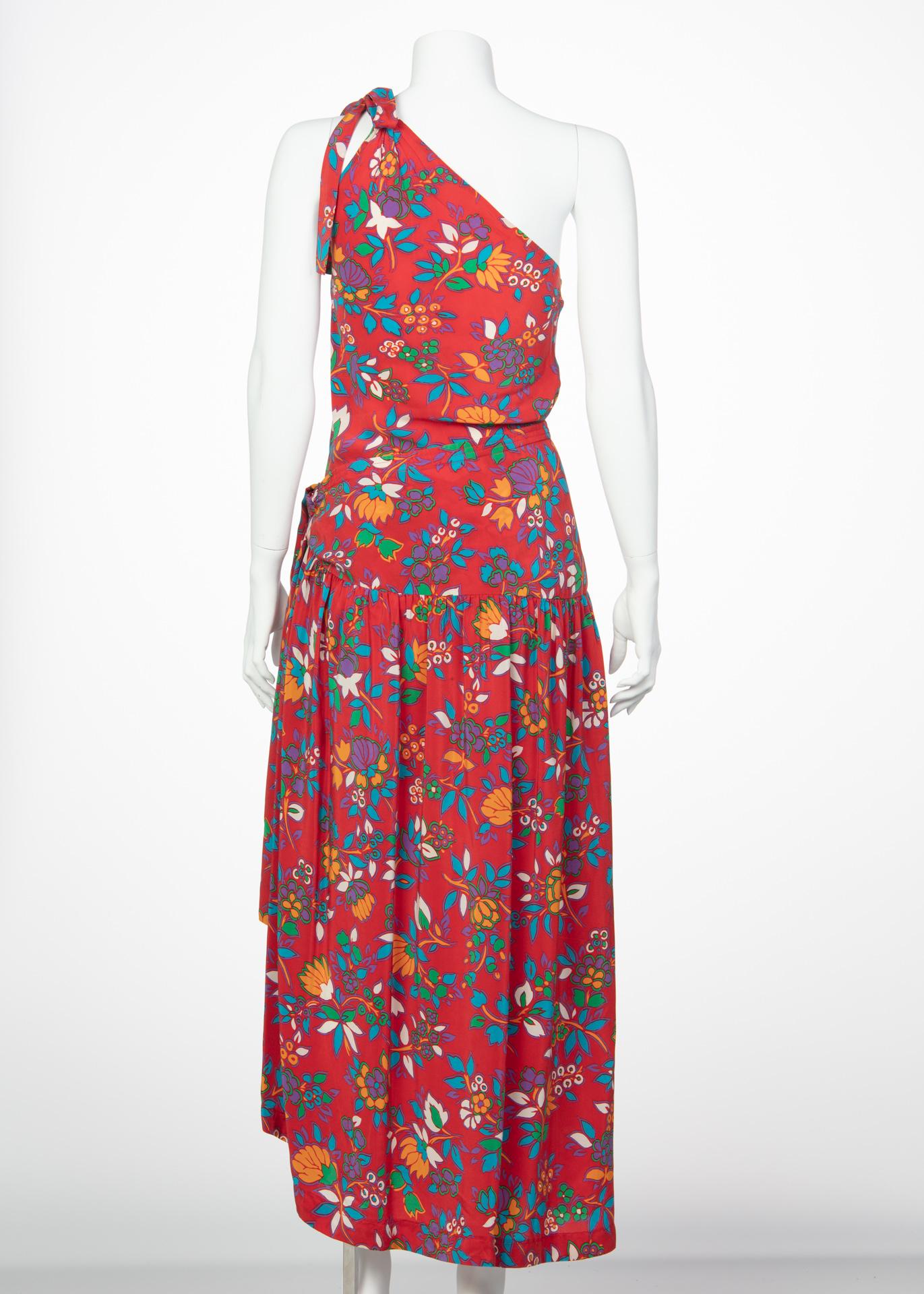Red Yves Saint Laurent YSL Multicolor Floral Print Top and Skirt Set, 1980s 