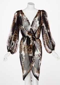 1990s Yves Saint Laurent Sheer Silk Leopard Animal Print Dress Jacket YSL