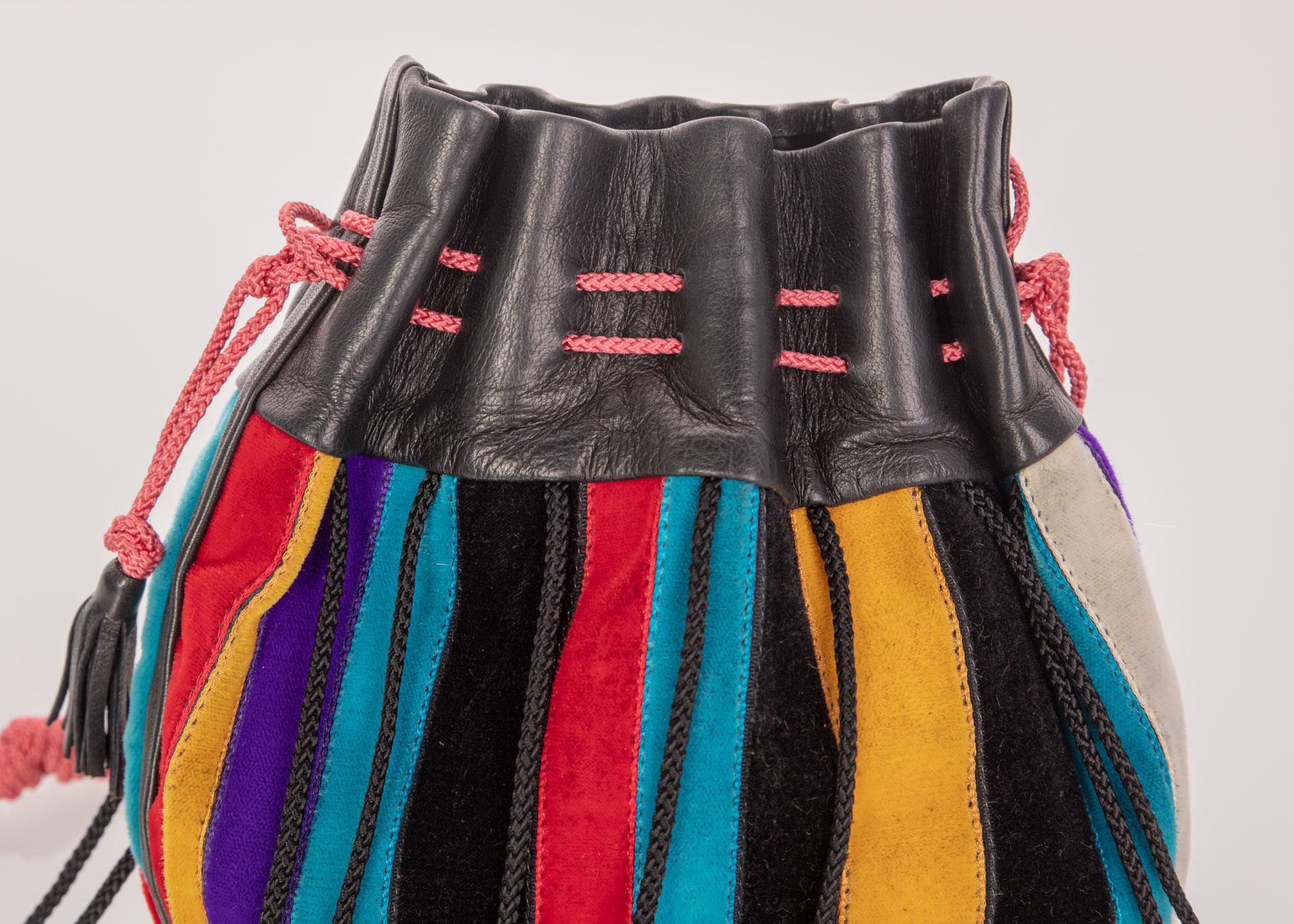 Black 1970s Yves Saint Laurent Multicolored Leather Velvet Tassel Bag