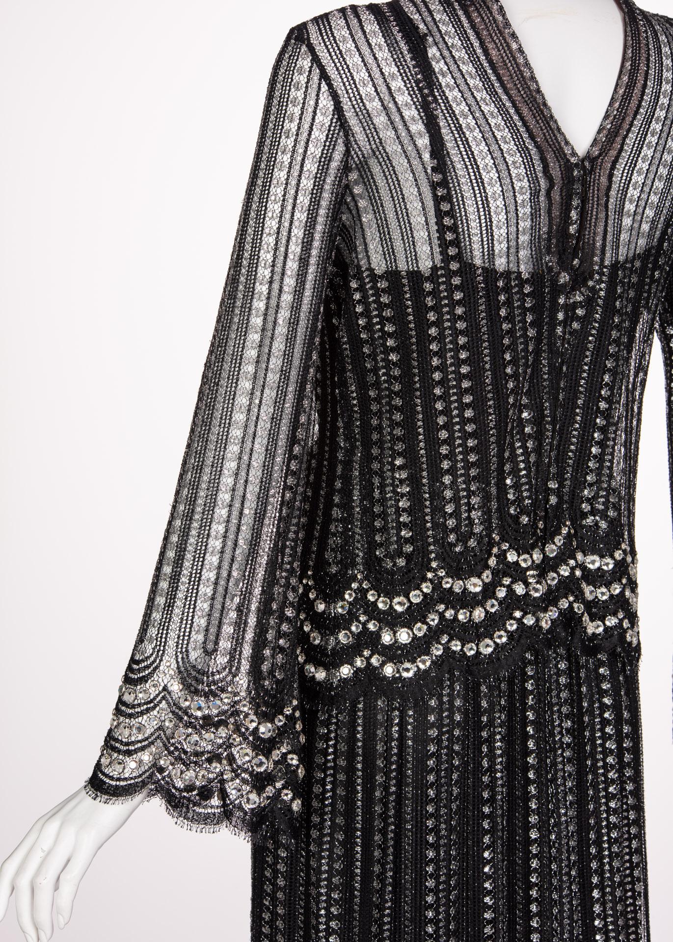 Christian Dior Attributed  Black and Silver Lace Crystals Maxi Dress, 1970s 2