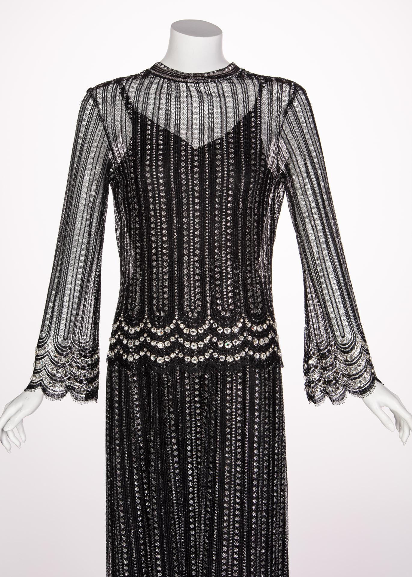 Christian Dior Attributed  Black and Silver Lace Crystals Maxi Dress, 1970s 3