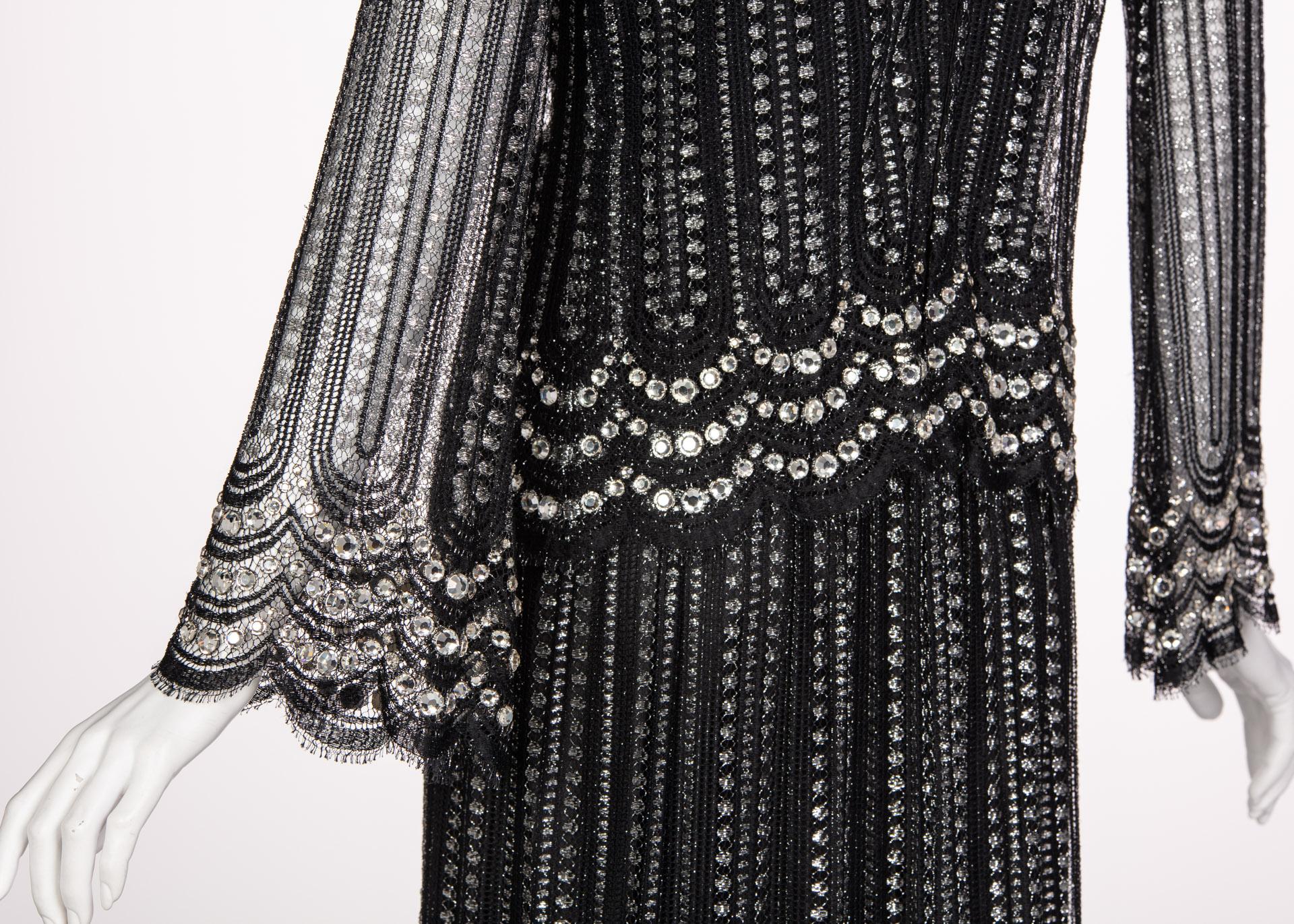 Christian Dior Attributed  Black and Silver Lace Crystals Maxi Dress, 1970s 4