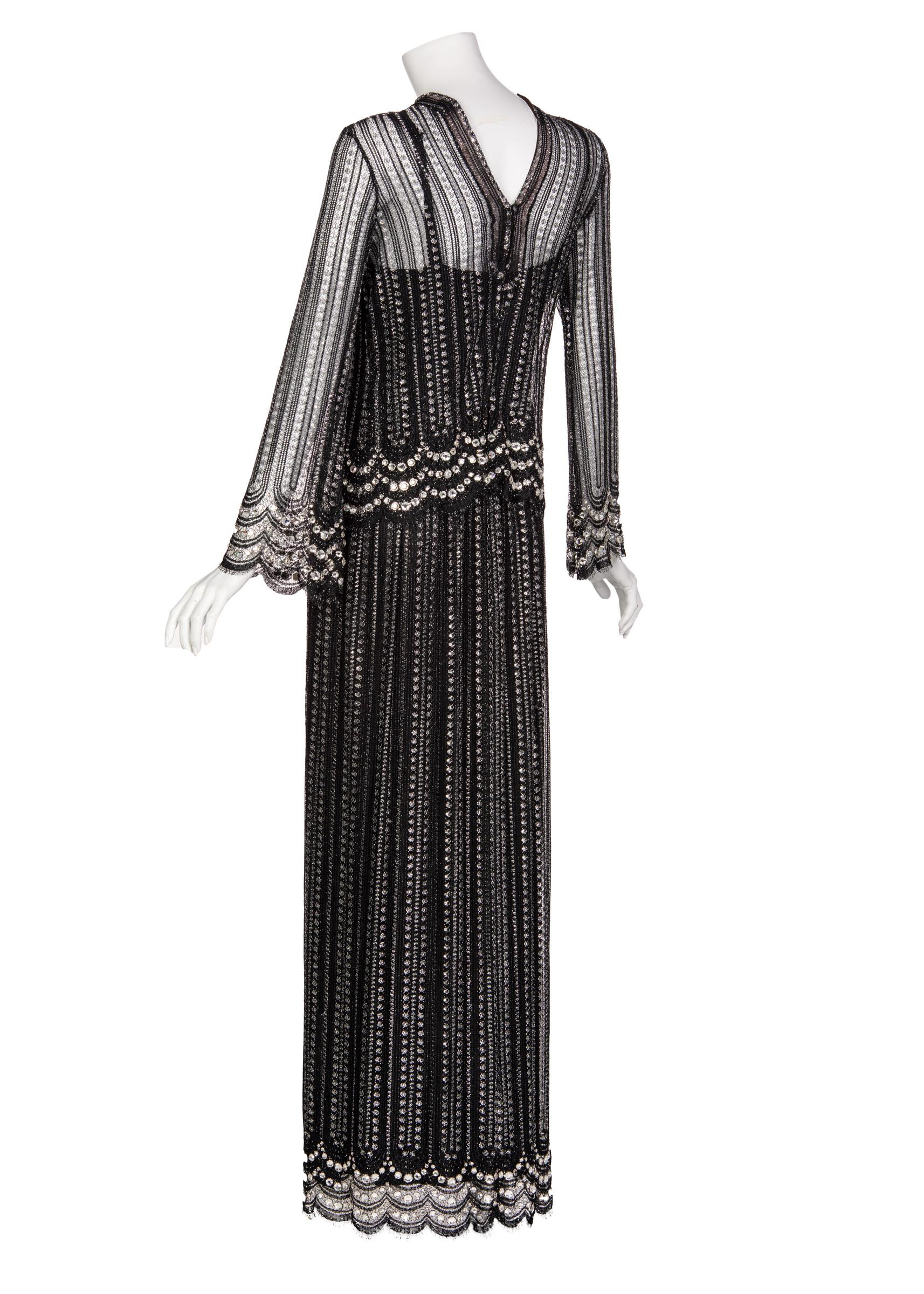 Christian Dior Attributed  Black and Silver Lace Crystals Maxi Dress, 1970s In Excellent Condition In Boca Raton, FL