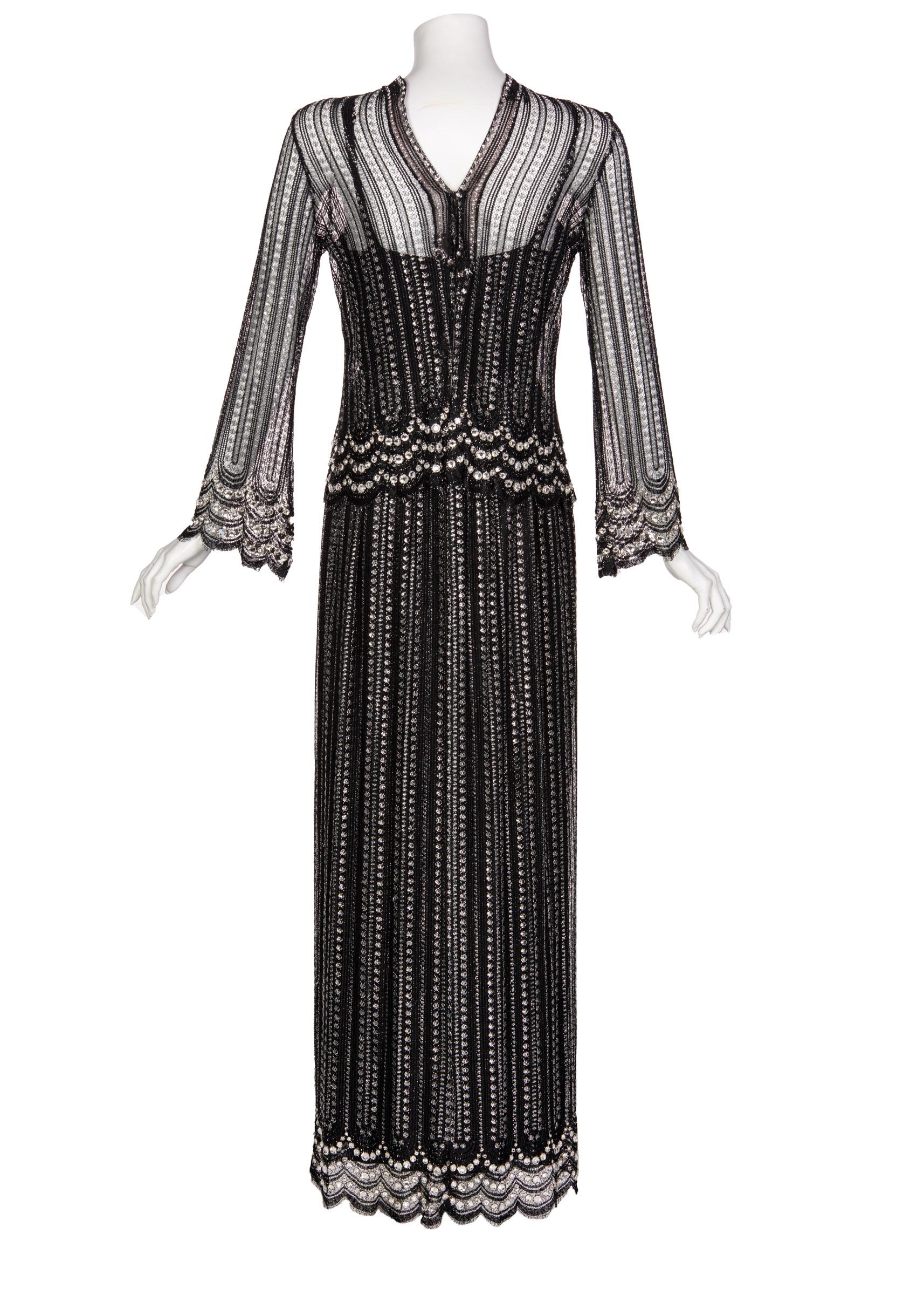 Women's Christian Dior Attributed  Black and Silver Lace Crystals Maxi Dress, 1970s