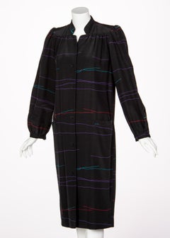 Vintage Halston Black Abstract Striped Silk Dress Coat, 1970s