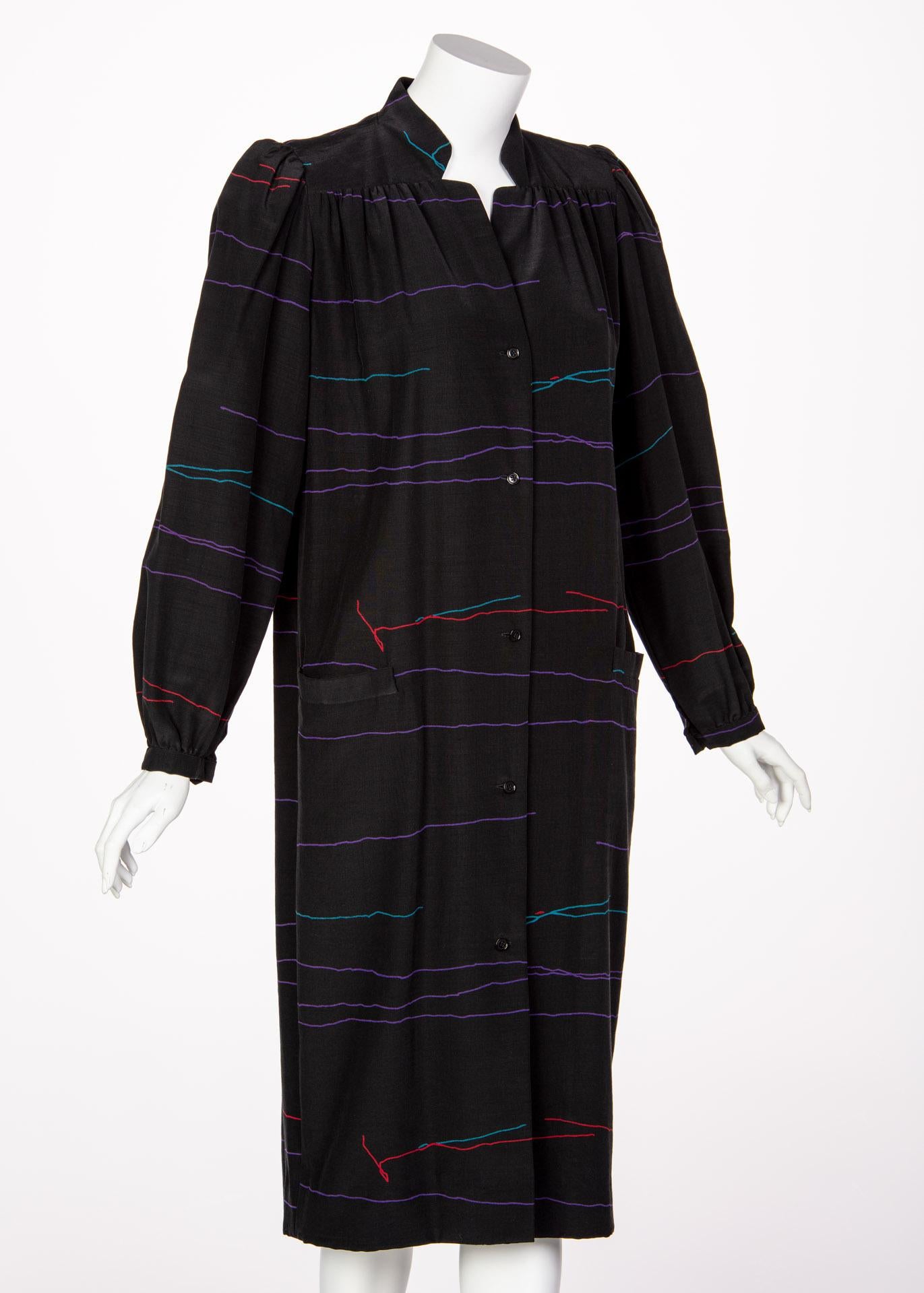 Vintage Halston Black Abstract Striped Silk Dress Coat, 1970s For Sale 1