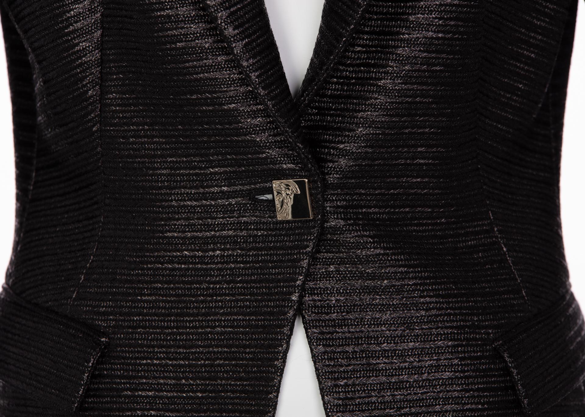 Women's Versace Collection Black Textured Silver Medusa Button Blazer Jacket