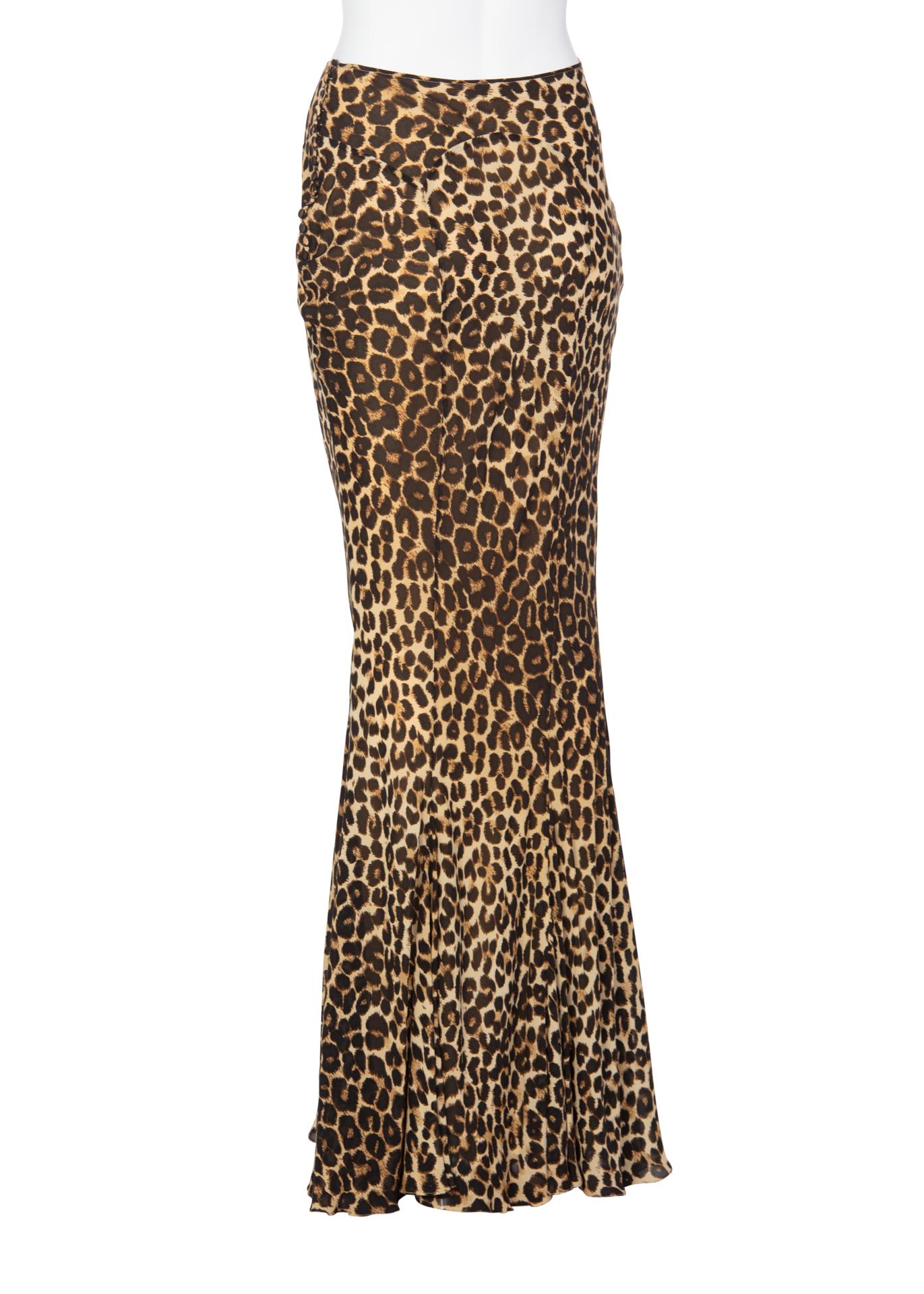 John Galliano Animal Leopard Print Silk Maxi Skirt In Excellent Condition In Boca Raton, FL