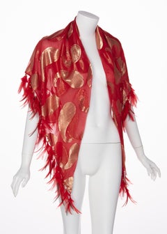 1970s Yves Saint Laurent Red Gold Paisley Silk Feather Shawl YSL