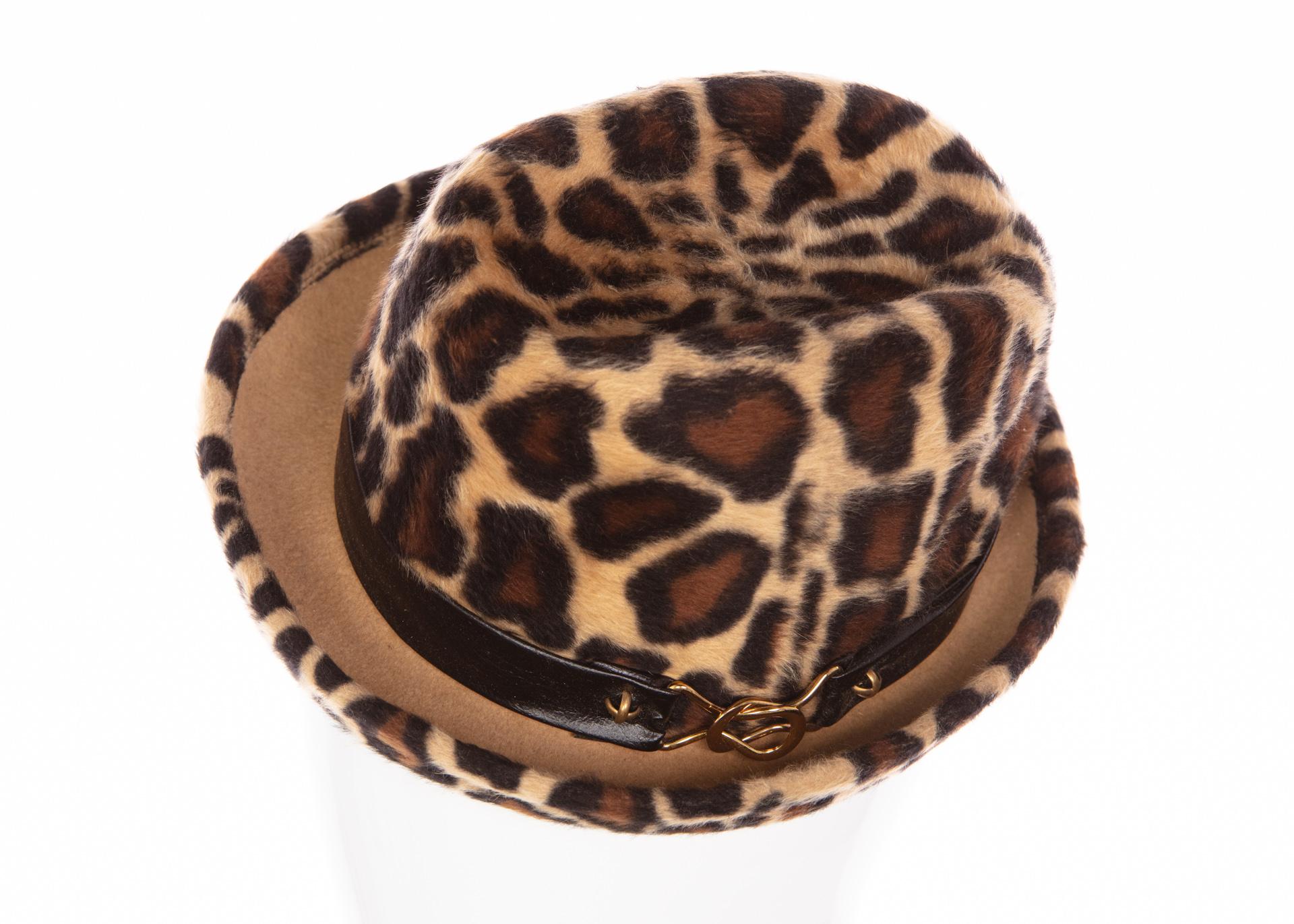 Black 1970s Yves Saint Laurent Leopard Animal Print Hat YSL