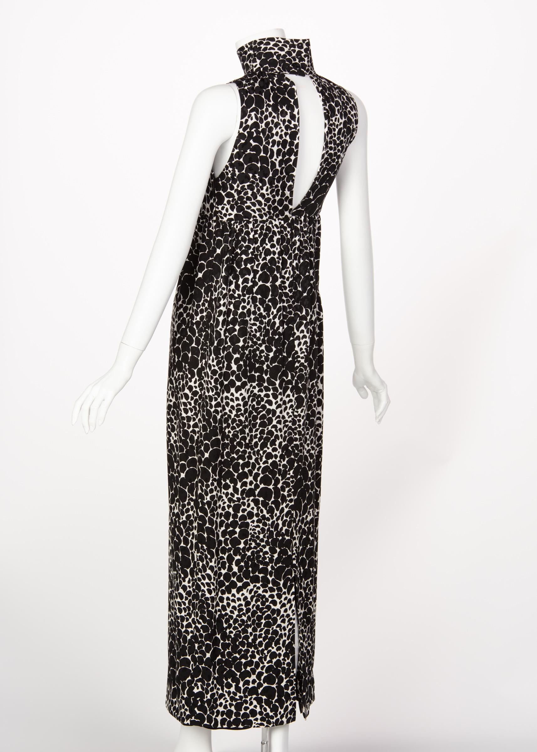 Women's Yves Saint Laurent YSL Black and White Silk Print High Neck Evening Dress, 1985