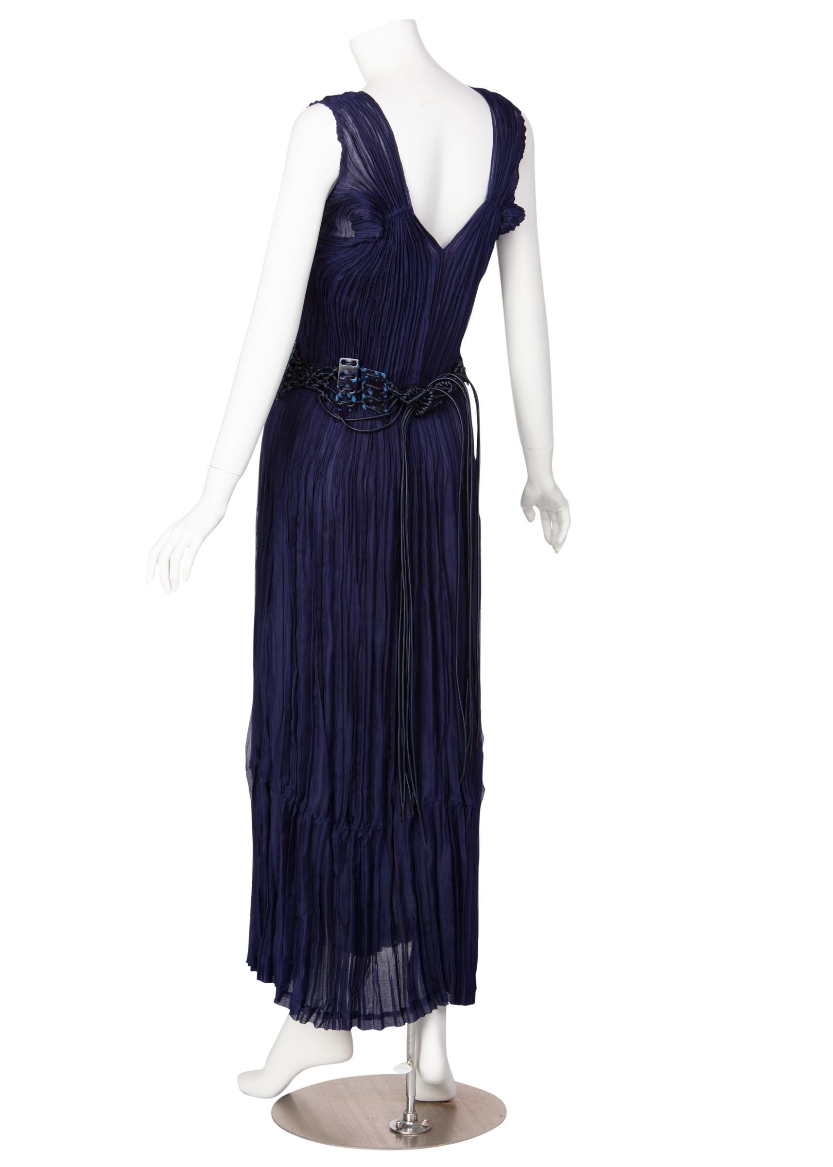 Issey Miyake Blue Pleated Maxi Evening Dress Marbled Lucite Belt  In Excellent Condition In Boca Raton, FL