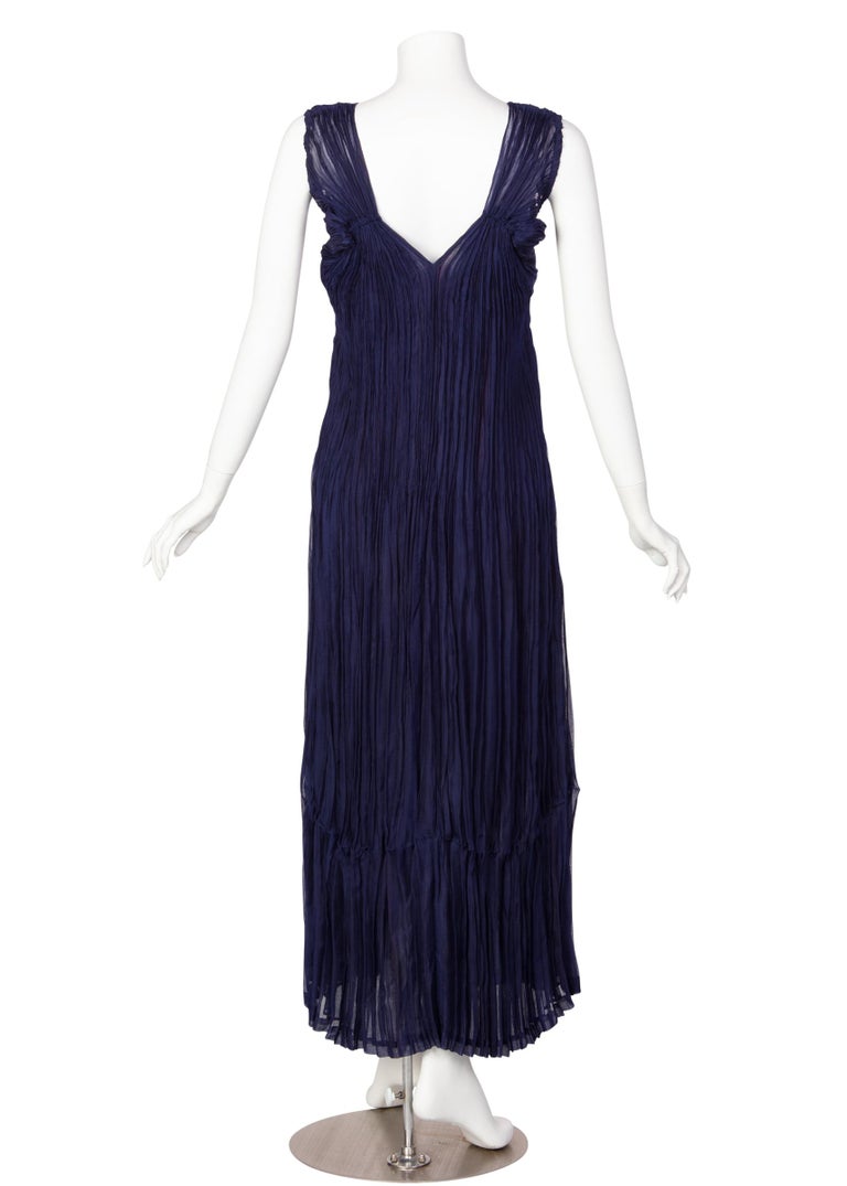 Issey Miyake Blue Pleated Maxi Evening Dress Marbled Lucite Belt For ...