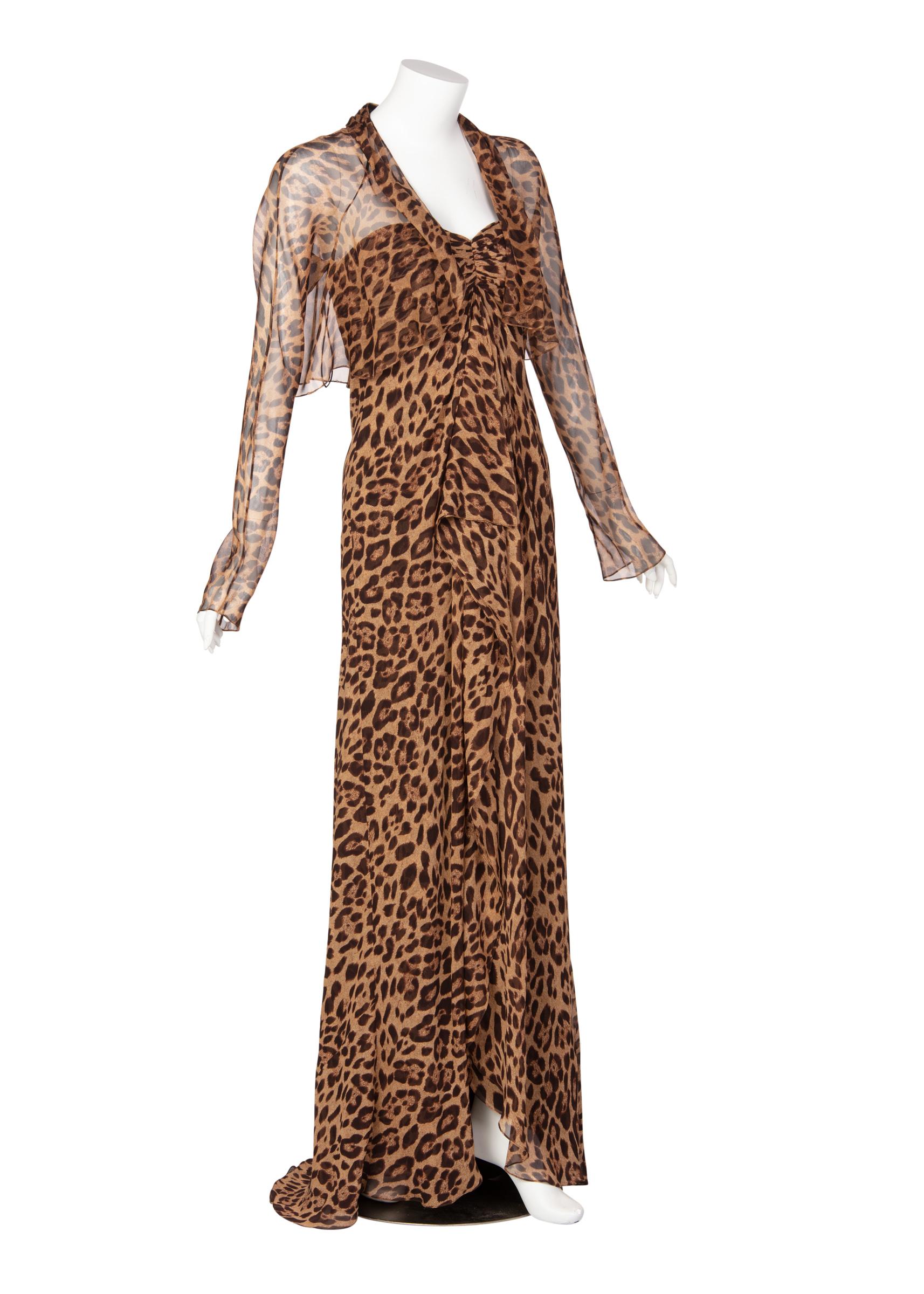 Pamella Roland Vestido de noche sin tirantes y chal de seda con estampado de leopardo Marrón en venta
