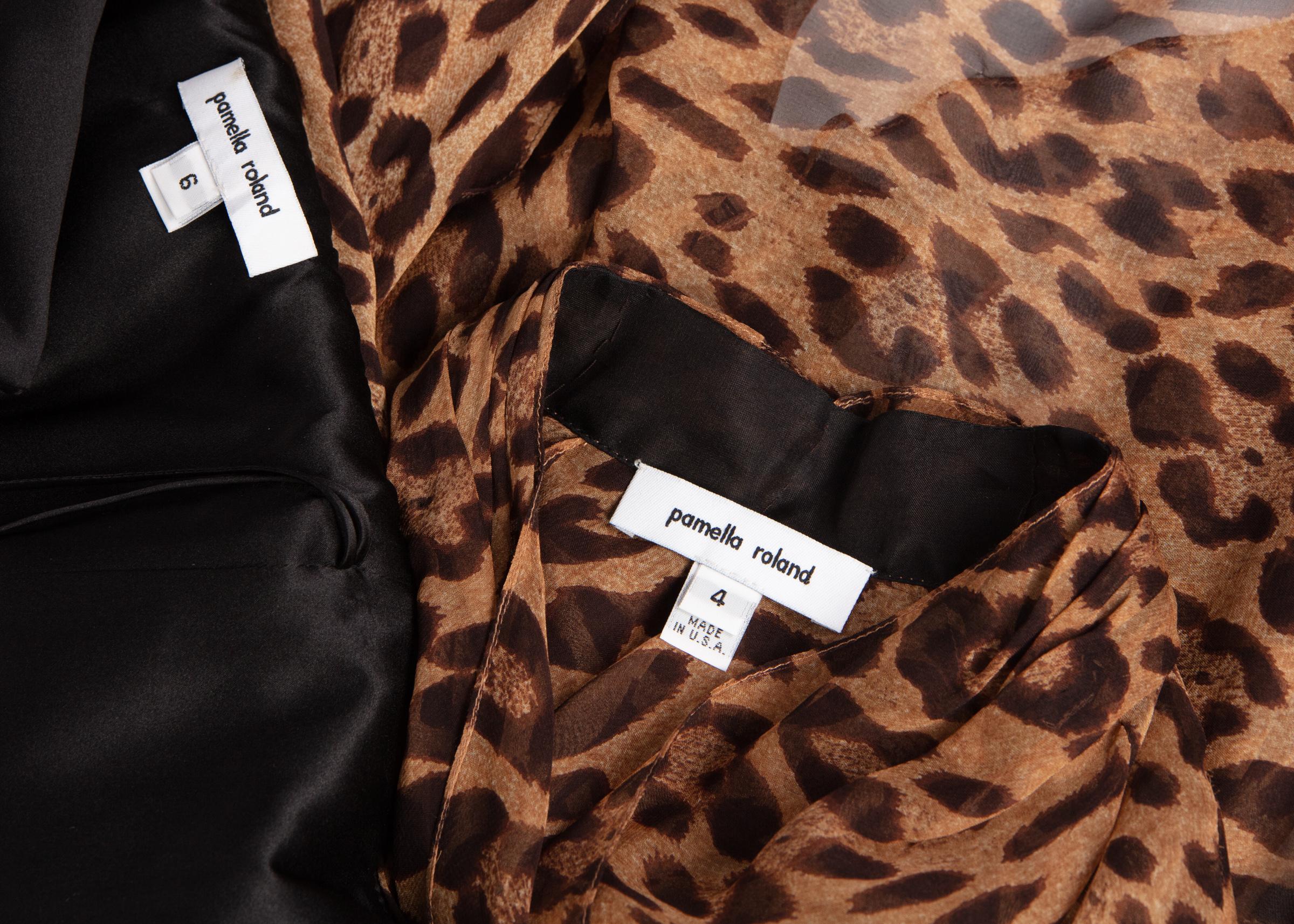 Pamella Roland Vestido de noche sin tirantes y chal de seda con estampado de leopardo en venta 6