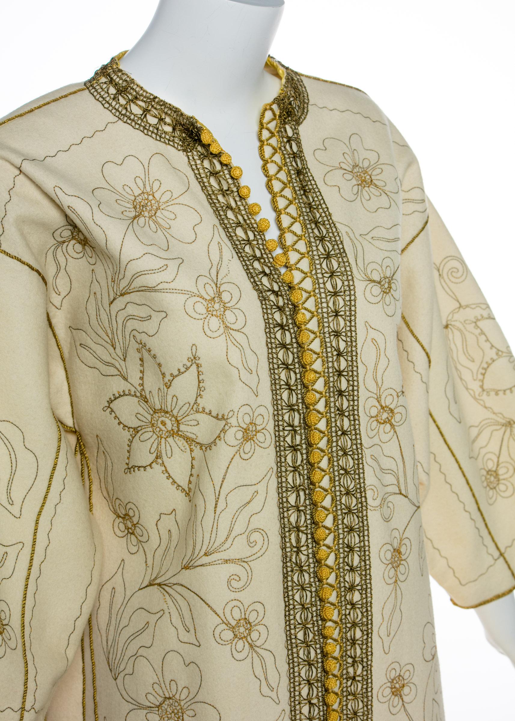 Vintage Ivory Gold Floral Embroidered Vintage Caftan Dress  In Excellent Condition For Sale In Boca Raton, FL