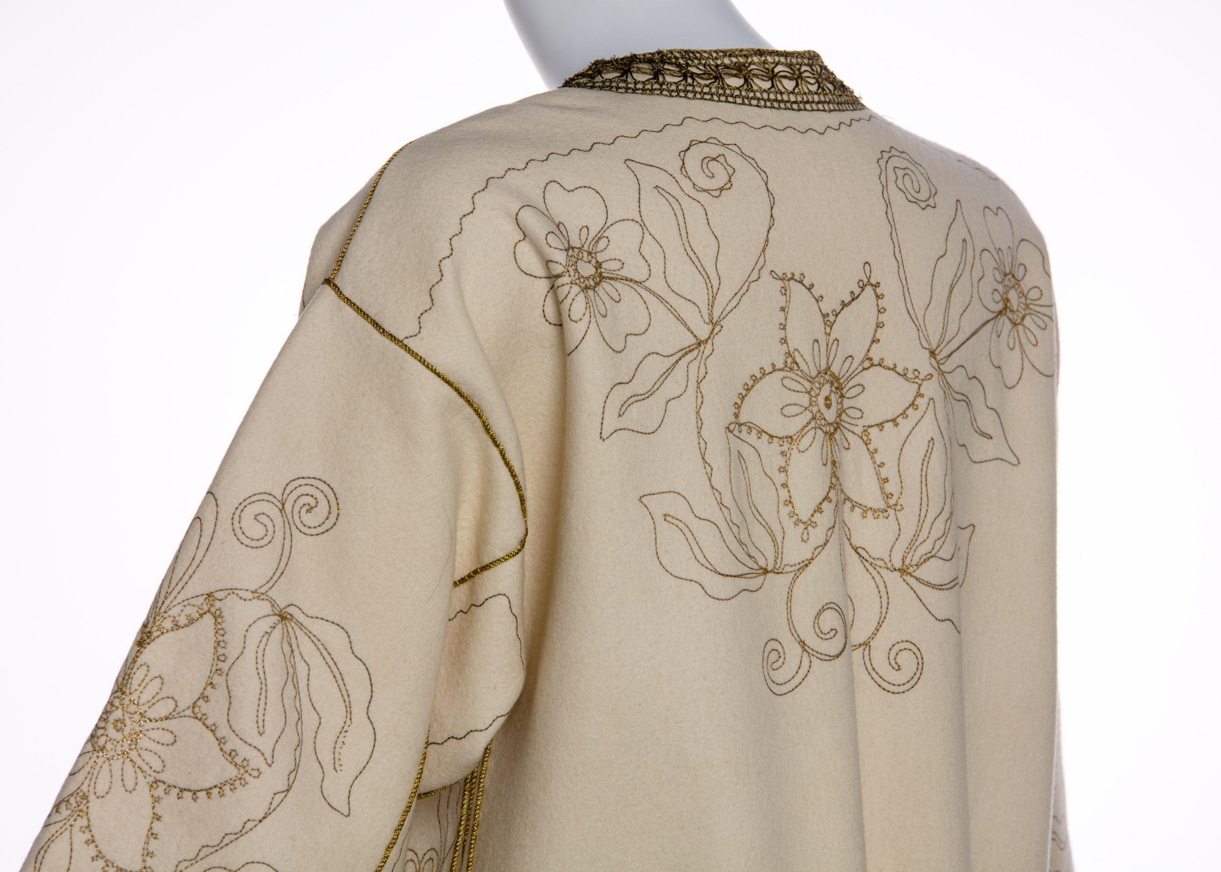 Women's Vintage Ivory Gold Floral Embroidered Vintage Caftan Dress  For Sale