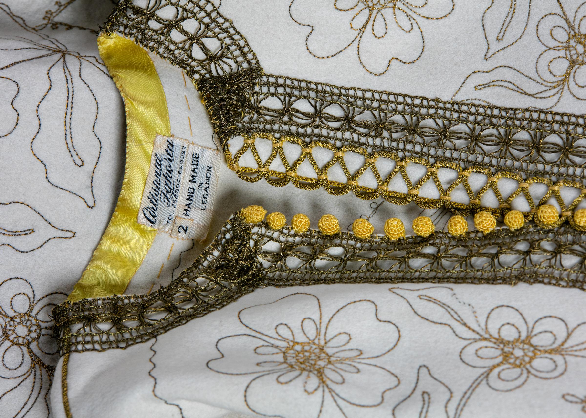 Vintage Ivory Gold Floral Embroidered Vintage Caftan Dress  For Sale 1
