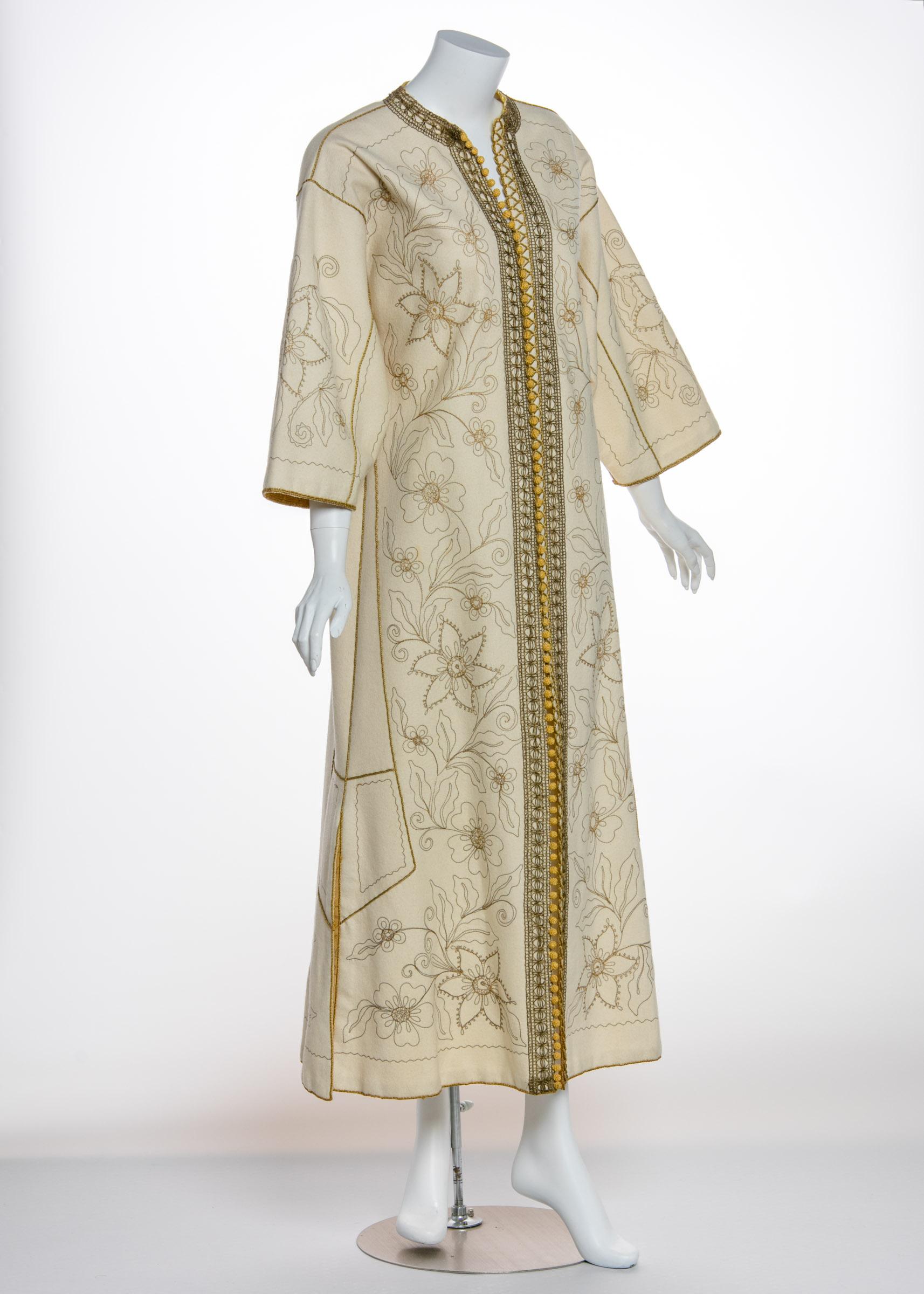 Vintage Ivory Gold Floral Embroidered Vintage Caftan Dress  For Sale 3