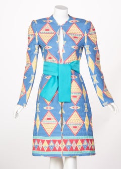 Mary McFadden Blue Silk Quilted Belted Duster Coat, 1980s