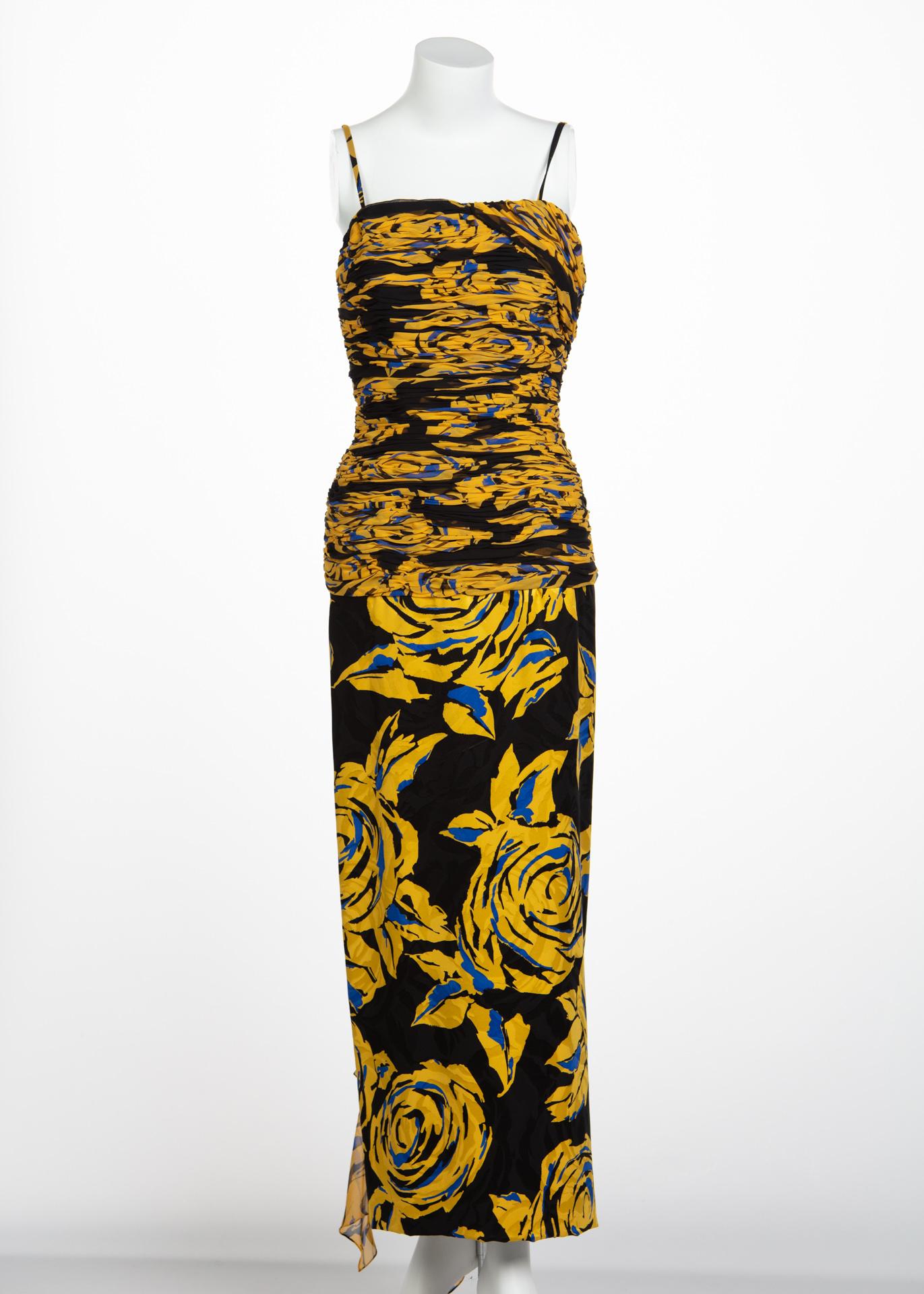 Brown Valentino Yellow Floral Print Draped Black Silk Fishtail Gown Shawl, 1970s