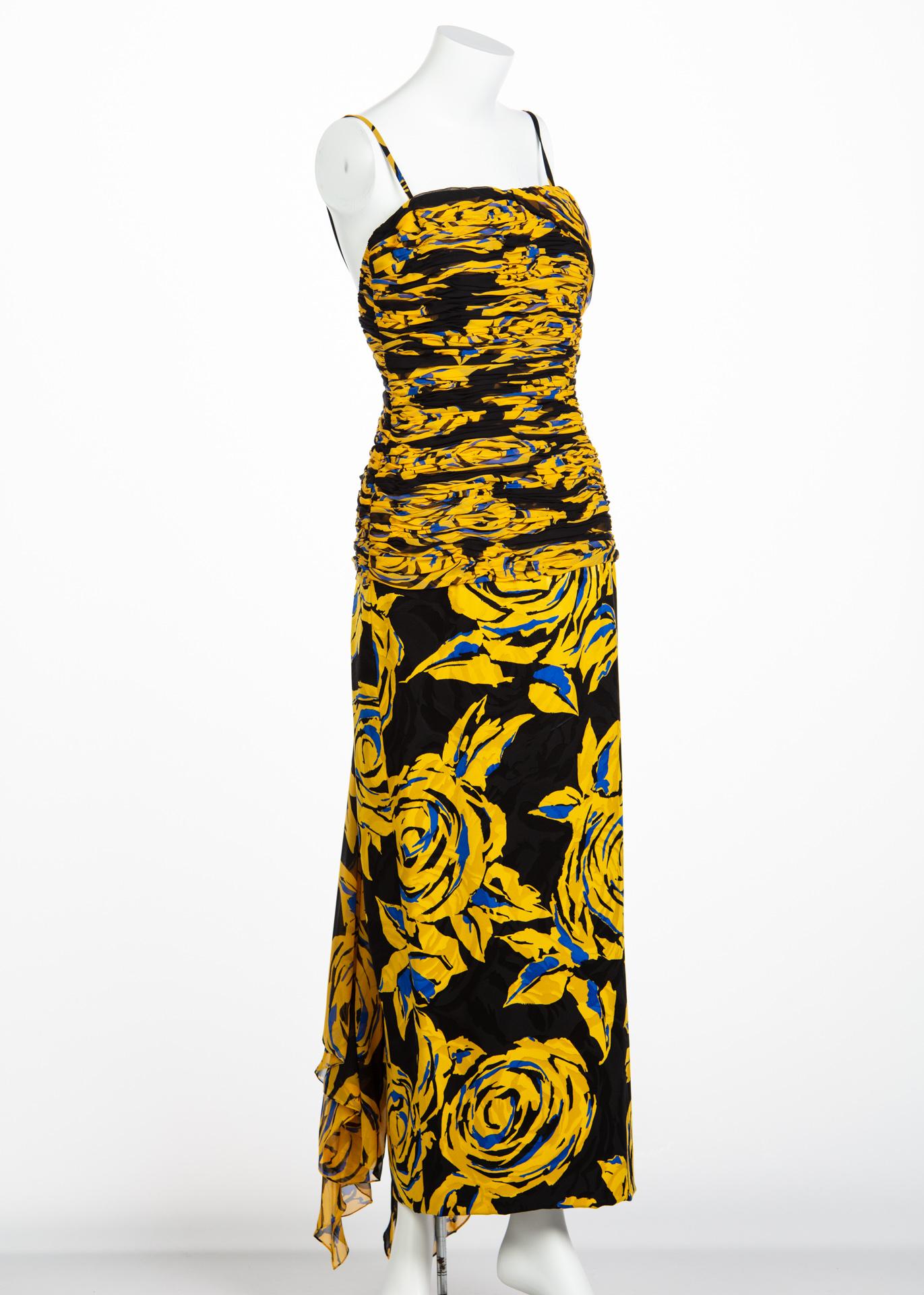 Valentino Yellow Floral Print Draped Black Silk Fishtail Gown Shawl, 1970s In Excellent Condition In Boca Raton, FL