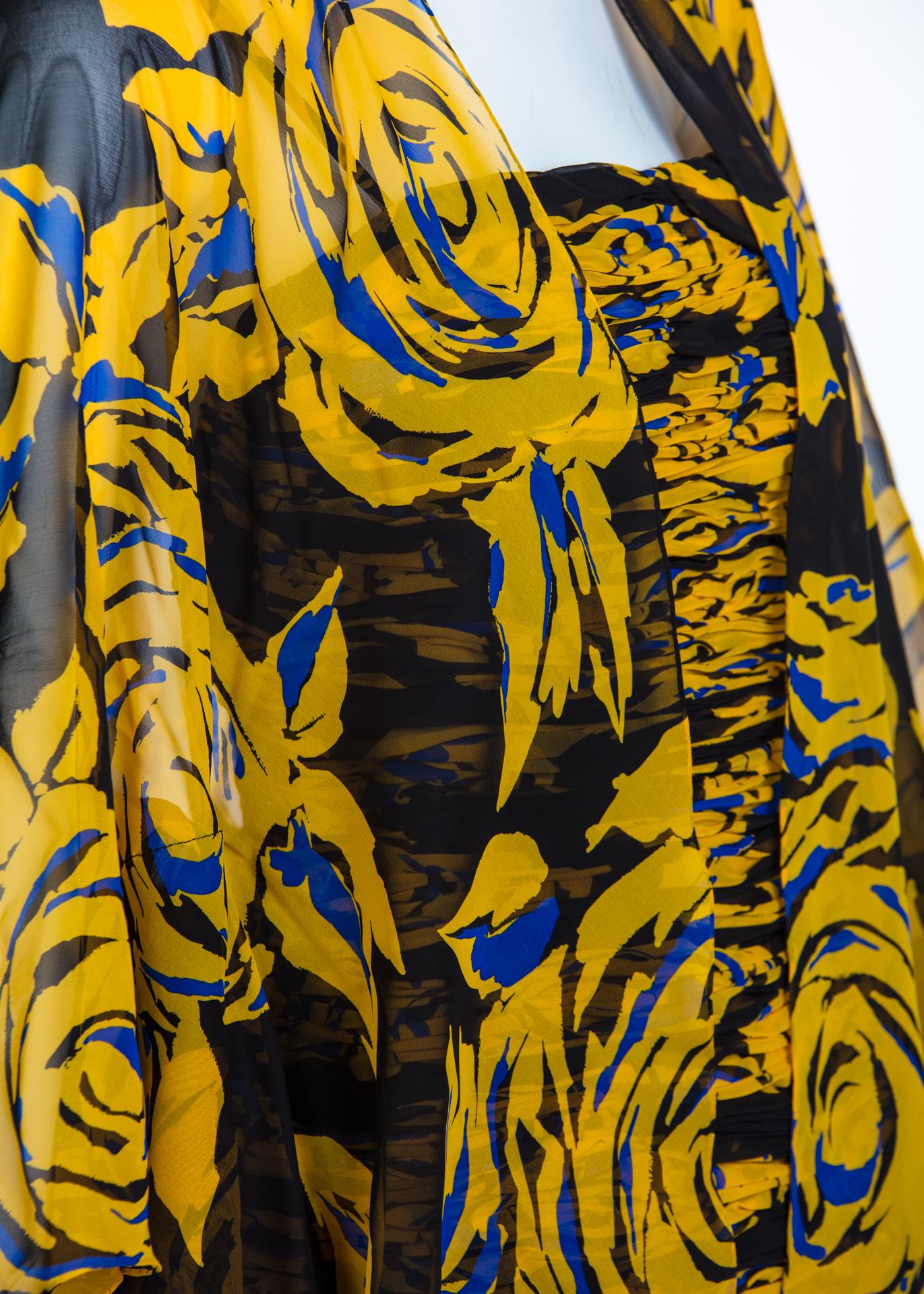 Valentino Yellow Floral Print Draped Black Silk Fishtail Gown Shawl, 1970s 4