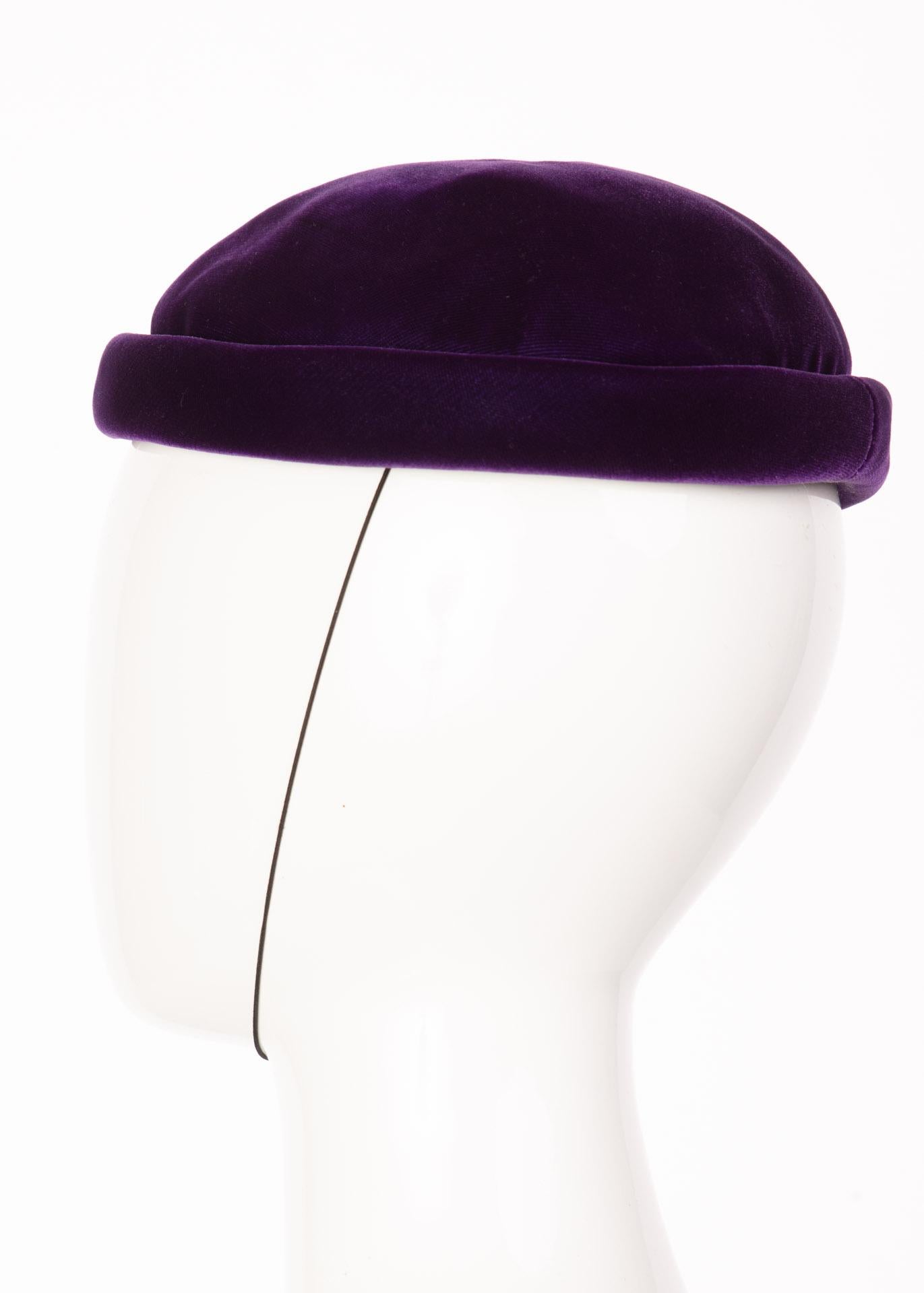 Black Givenchy Amethyst Purple Velvet Bumper Hat, 1970s  For Sale