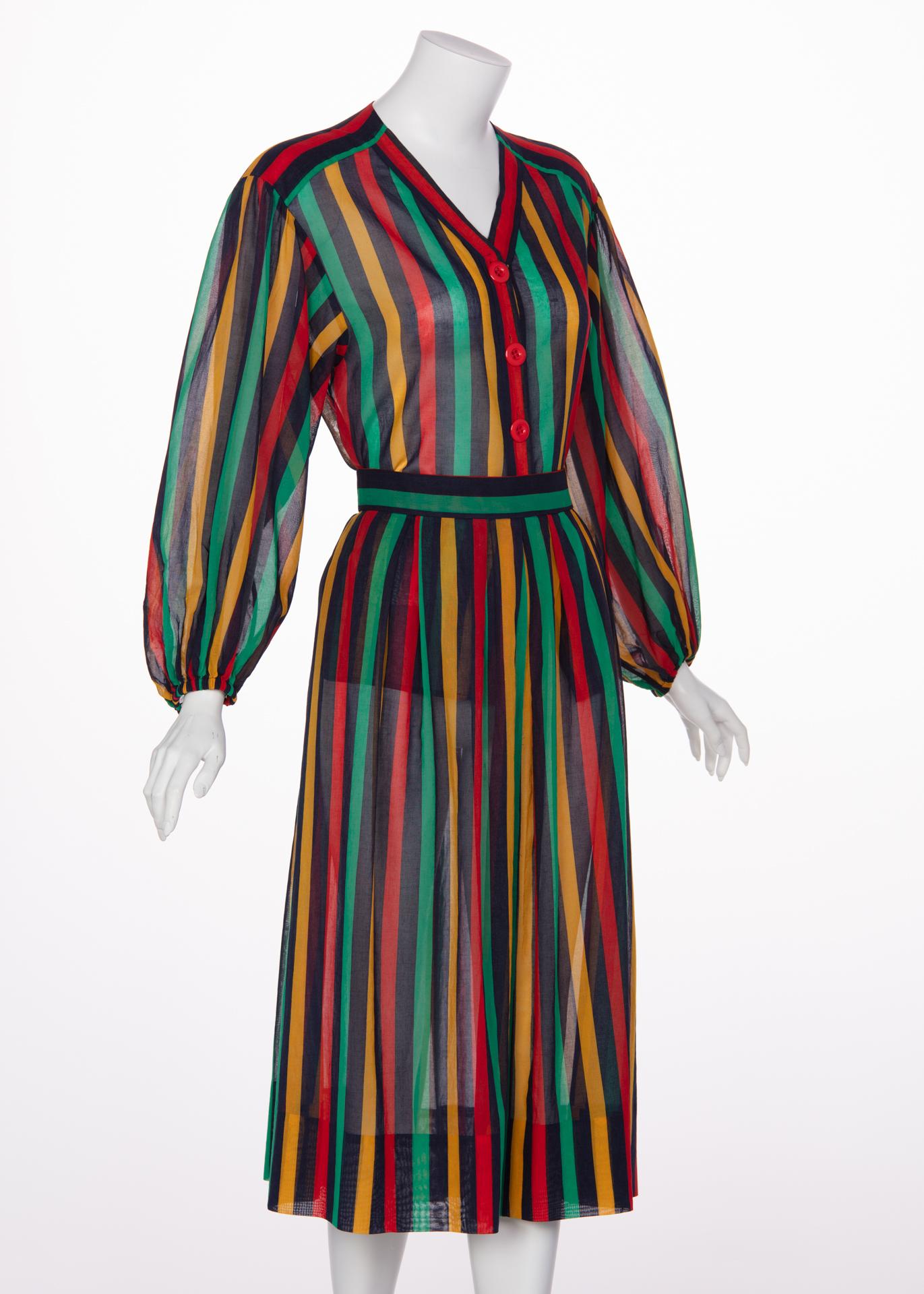 Yves Saint Laurent YSL Red Green Multicolored Striped Blouse / Skirt Set, 1990s In Excellent Condition In Boca Raton, FL