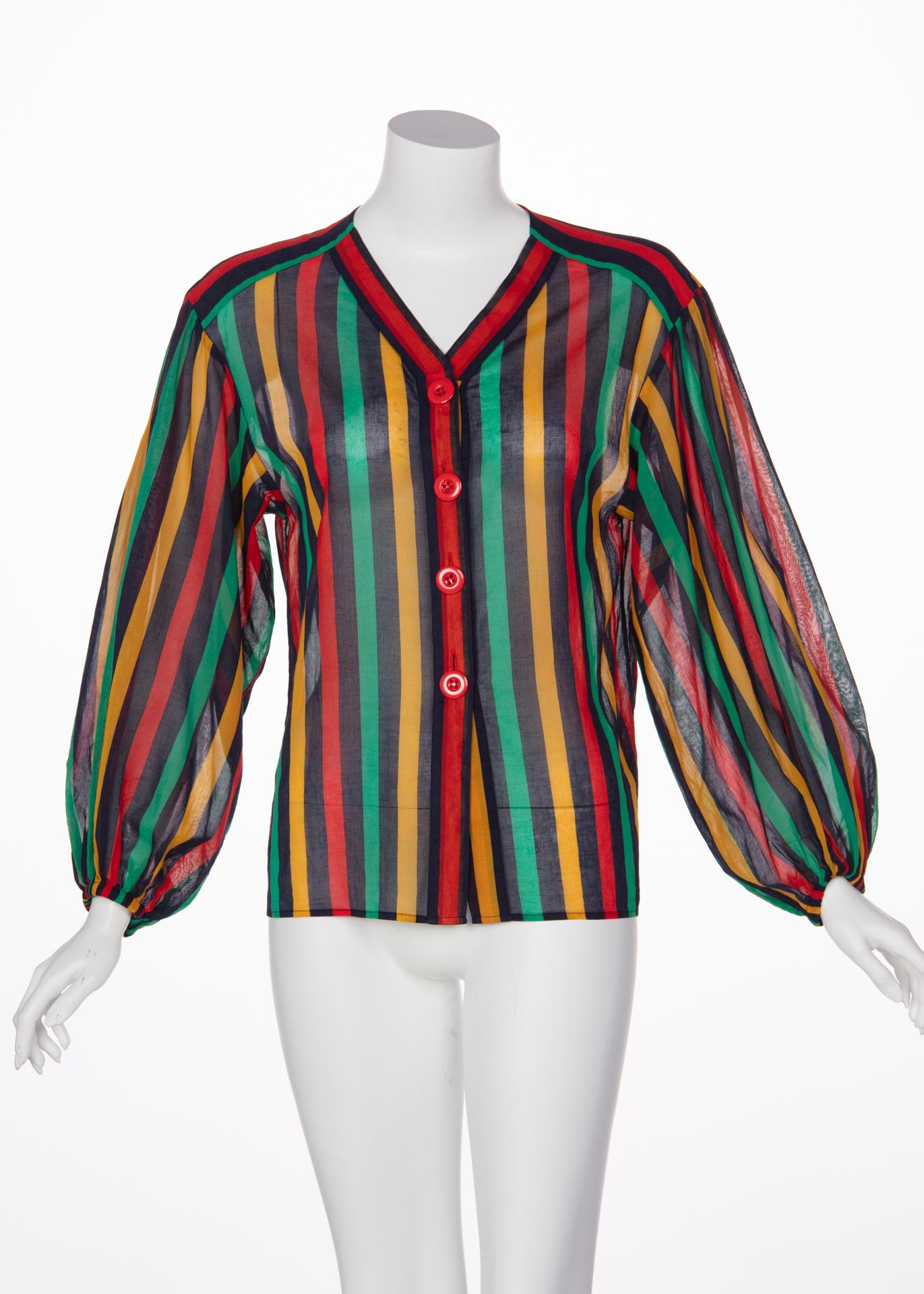 Yves Saint Laurent YSL Red Green Multicolored Striped Blouse / Skirt Set, 1990s 2