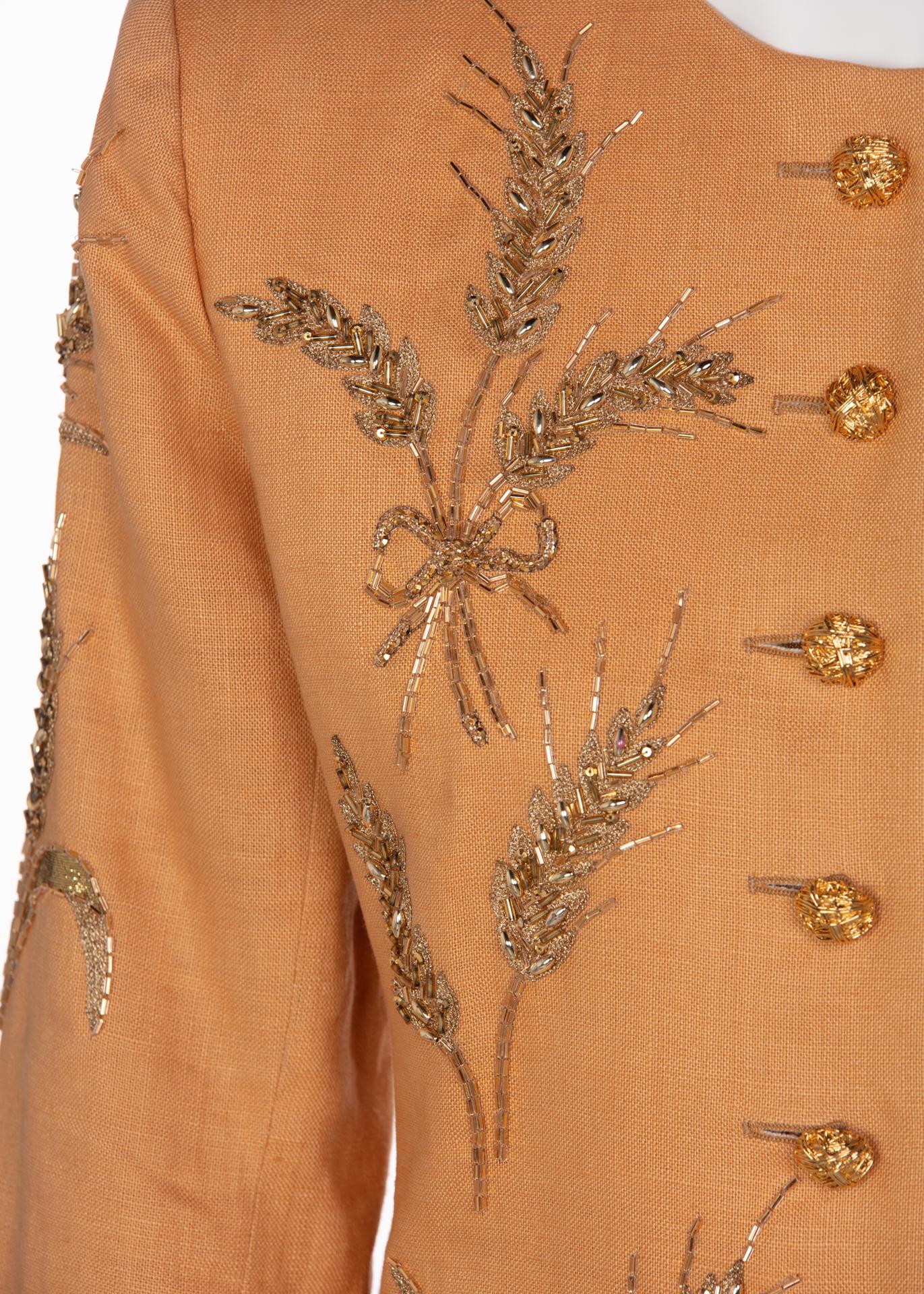 Yves Saint Laurent Gold Beaded Wheat Linen Jacket, 1980s  1