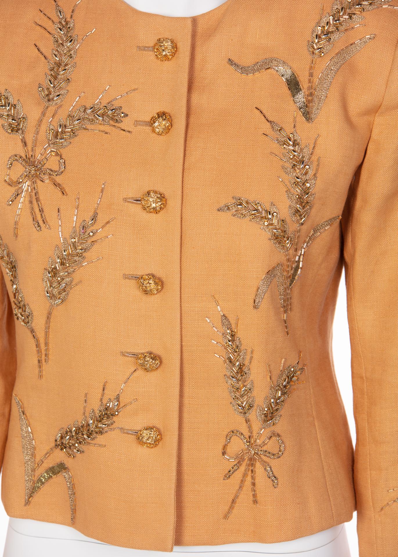 Yves Saint Laurent Gold Beaded Wheat Linen Jacket, 1980s  2