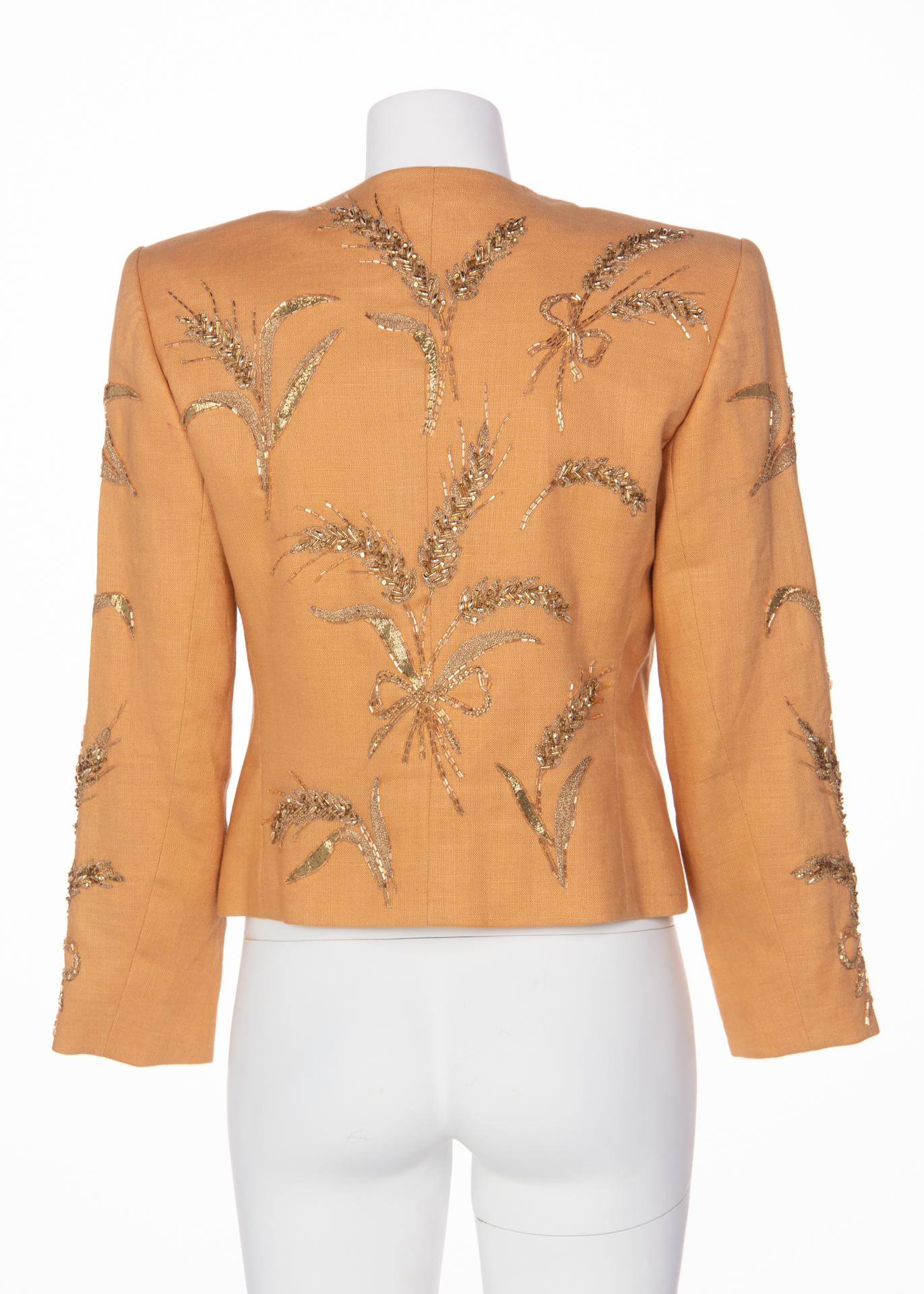 Yves Saint Laurent Gold Beaded Wheat Linen Jacket, 1980s  In Excellent Condition In Boca Raton, FL